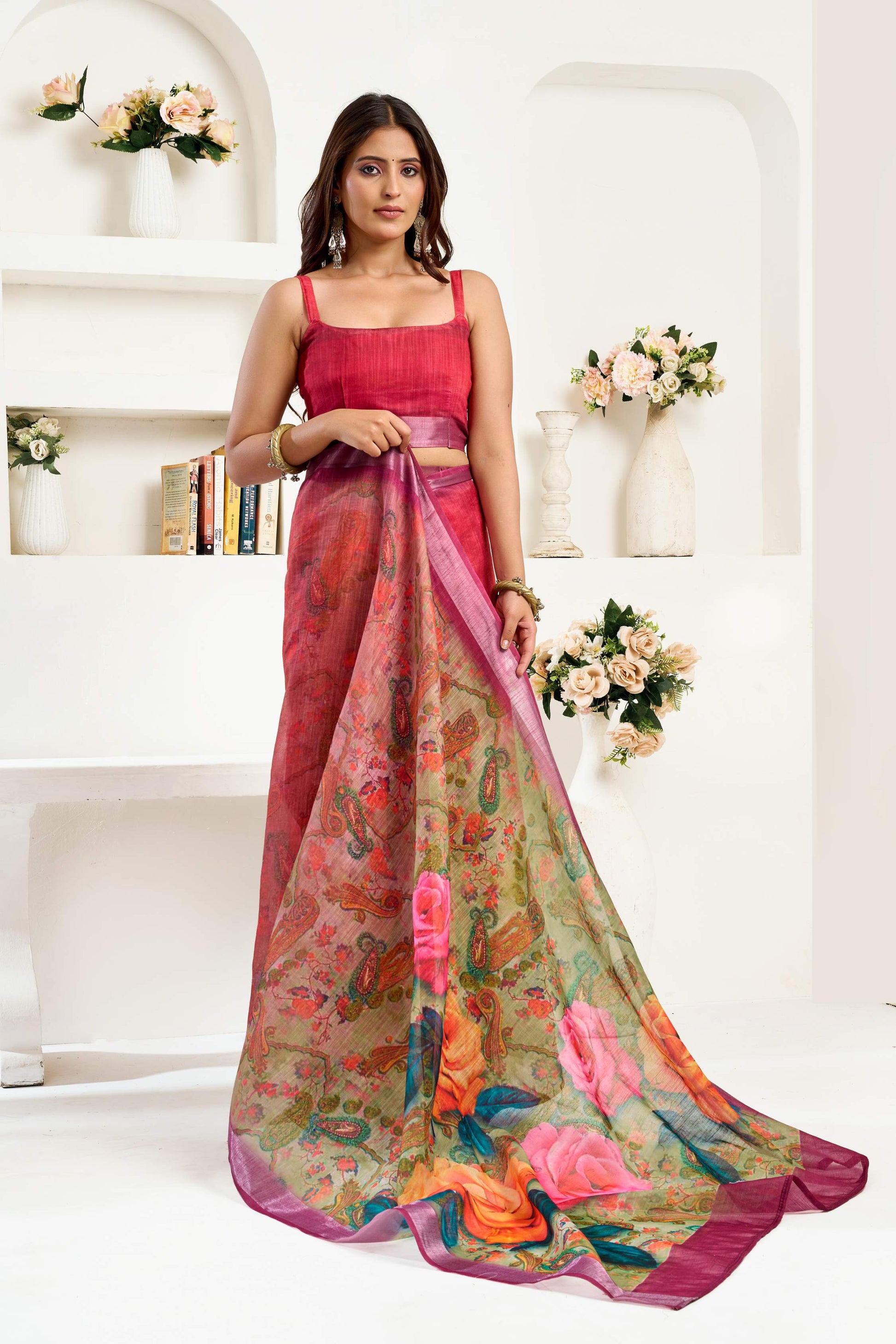 Dwija Fashion Maroon Party Wear Printed Linen Ready To Wear Saree With Unstitched Blouse