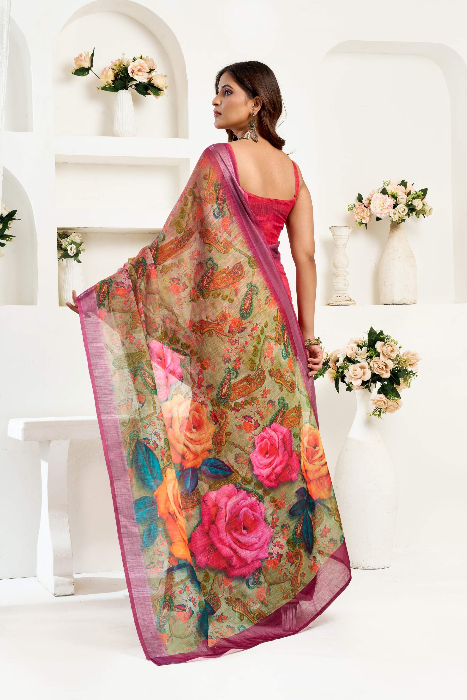 Dwija Fashion Maroon Party Wear Printed Linen Ready To Wear Saree With Unstitched Blouse