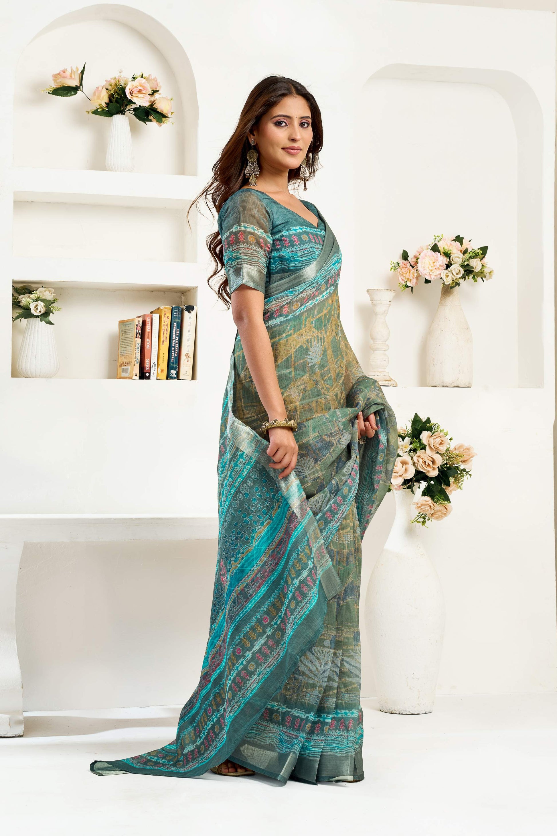 Dwija Fashion Sage Green Party Wear Printed Linen Ready To Wear Saree With Unstitched Blouse