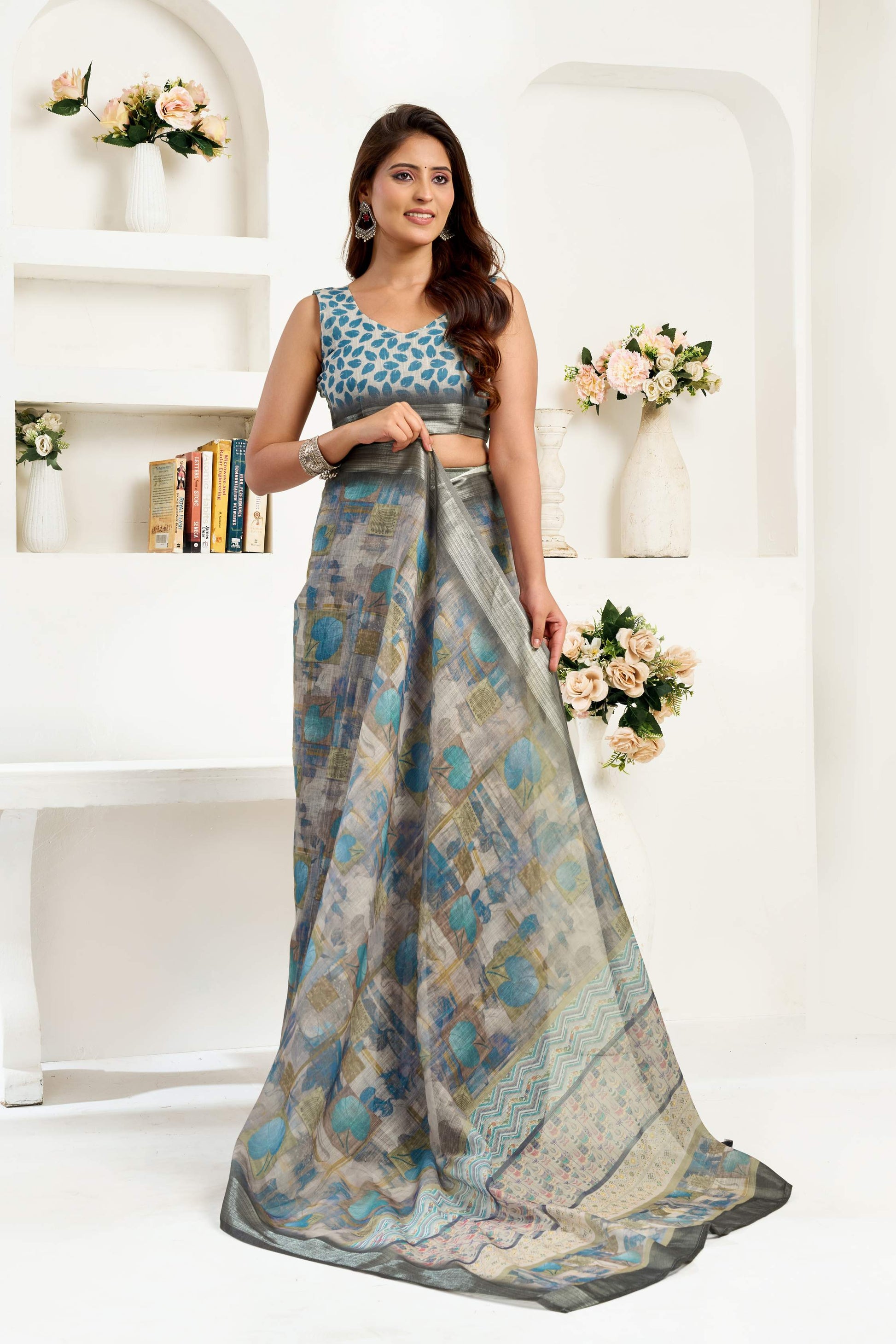 Dwija Fashion Grey Party Wear Printed Linen Ready To Wear Saree With Unstitched Blouse