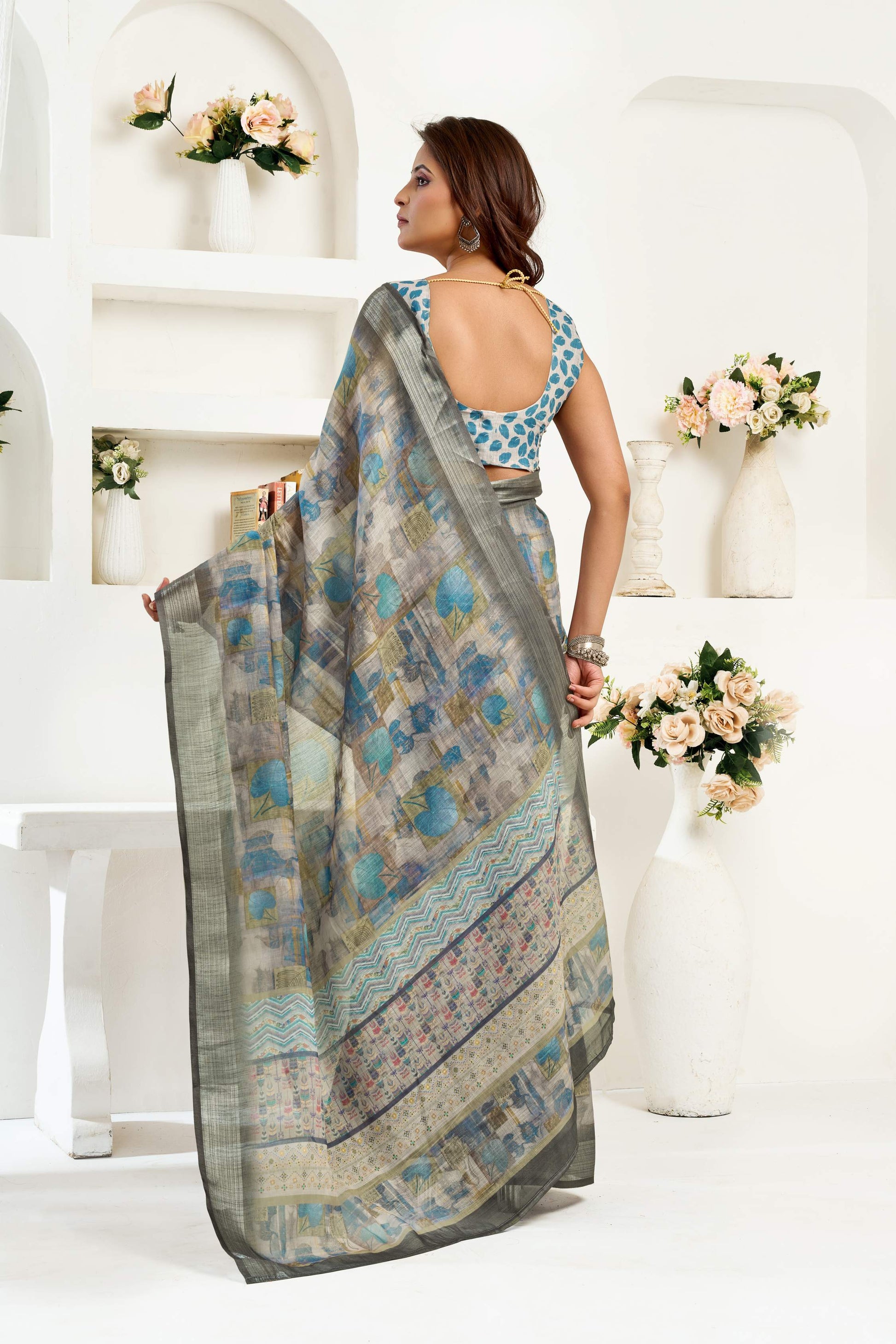 Dwija Fashion Grey Party Wear Printed Linen Ready To Wear Saree With Unstitched Blouse