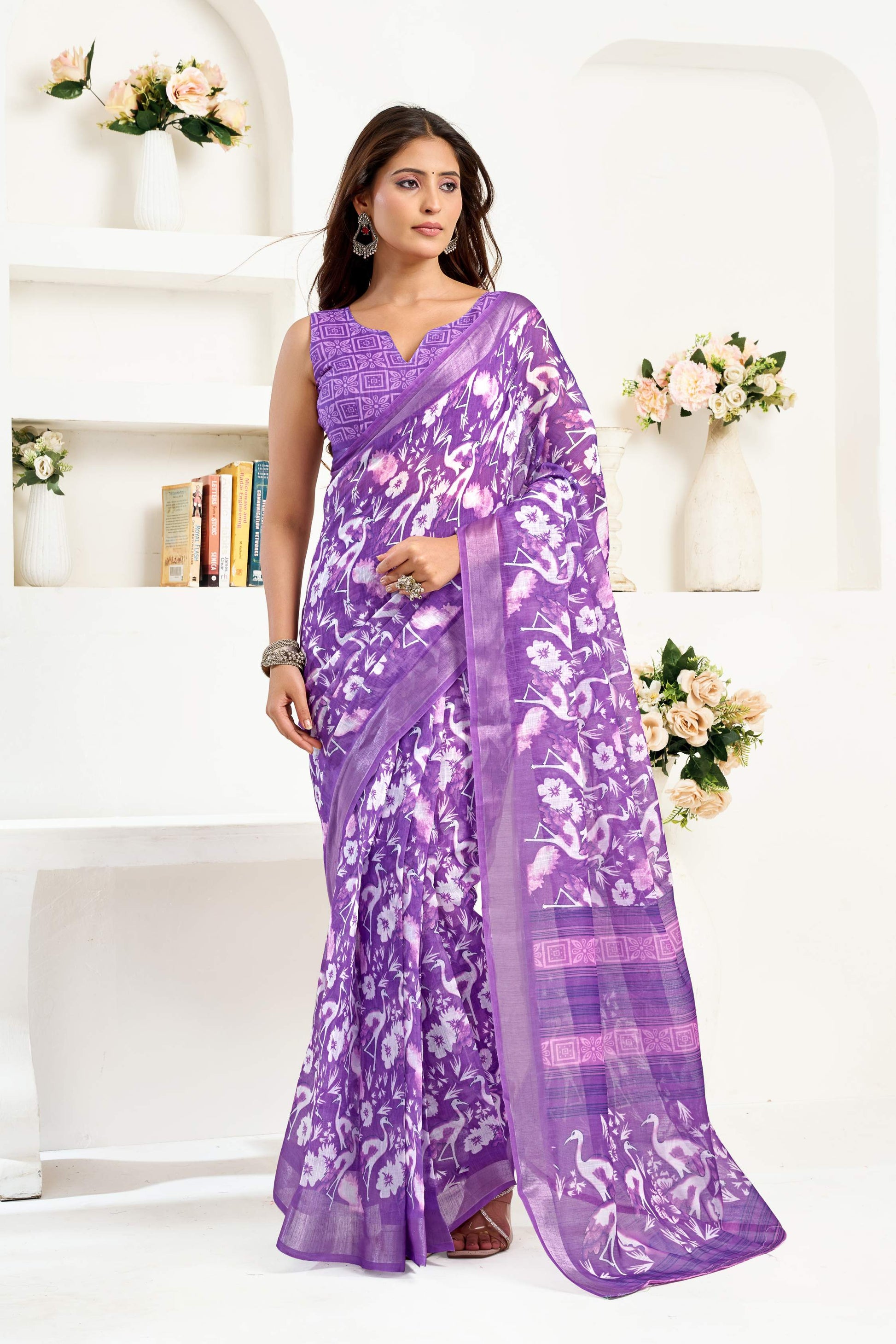 Dwija Fashion Lavender Party Wear Printed Linen Ready To Wear Saree With Unstitched Blouse