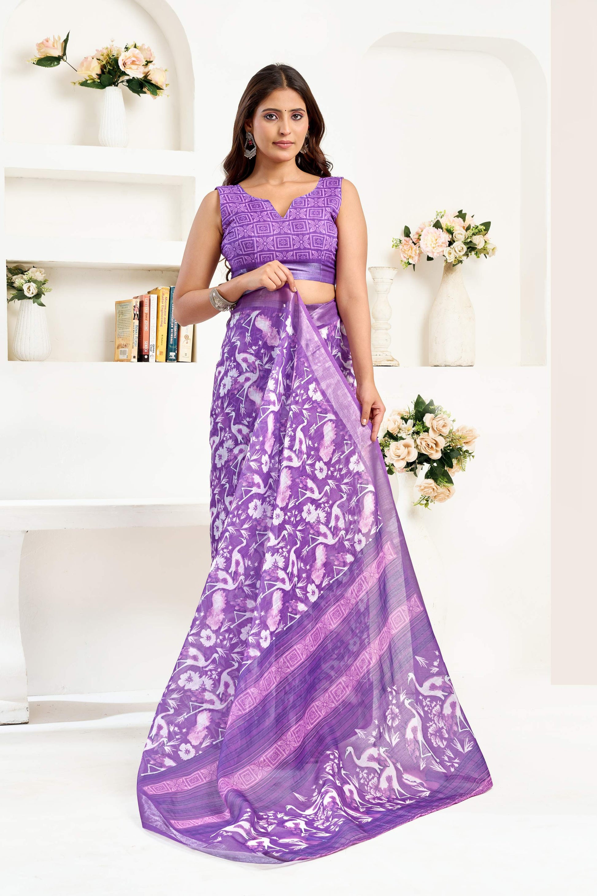 Dwija Fashion Lavender Party Wear Printed Linen Ready To Wear Saree With Unstitched Blouse