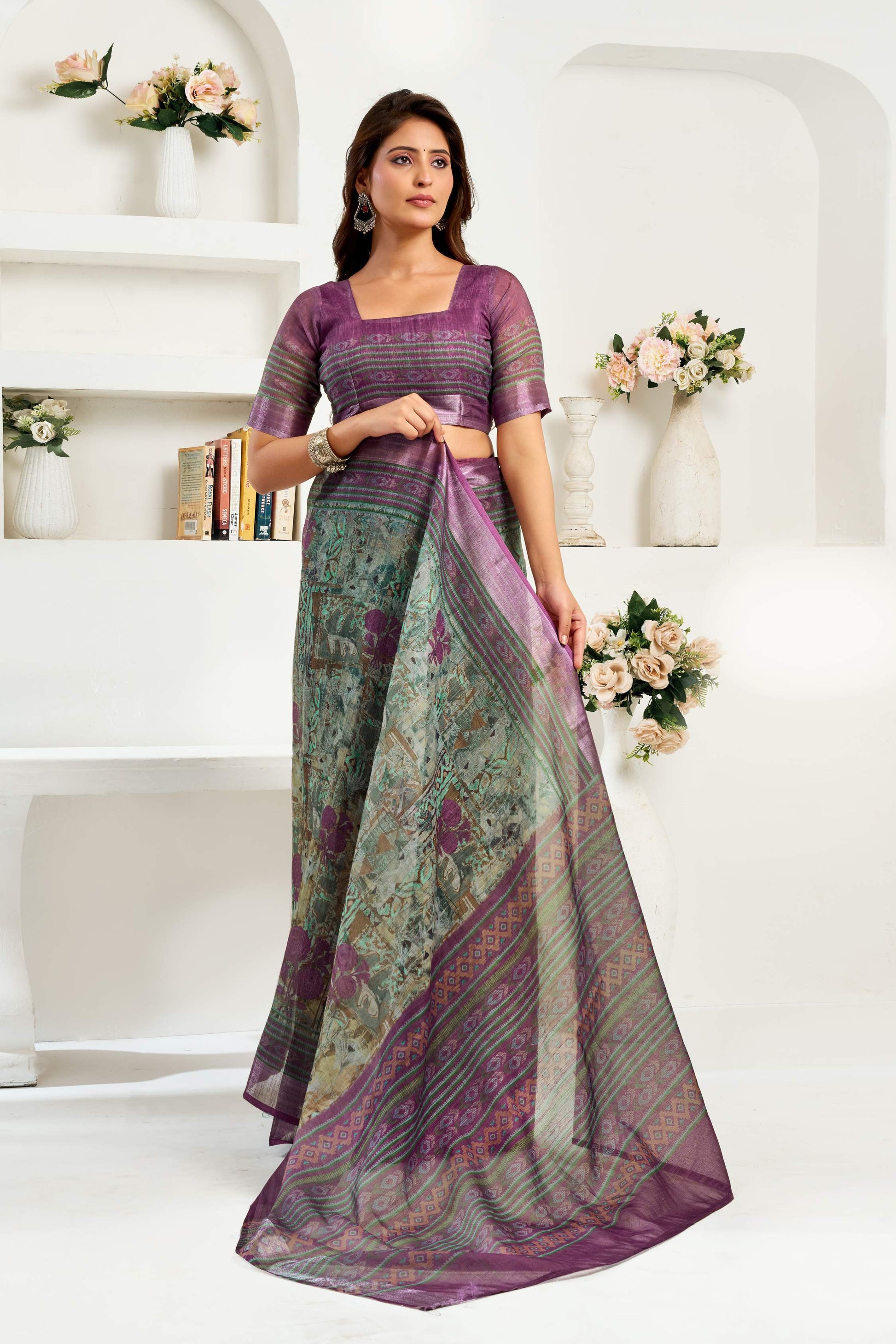 Dwija Fashion Sage Green Party Wear Printed Linen Ready To Wear Saree With Unstitched Blouse
