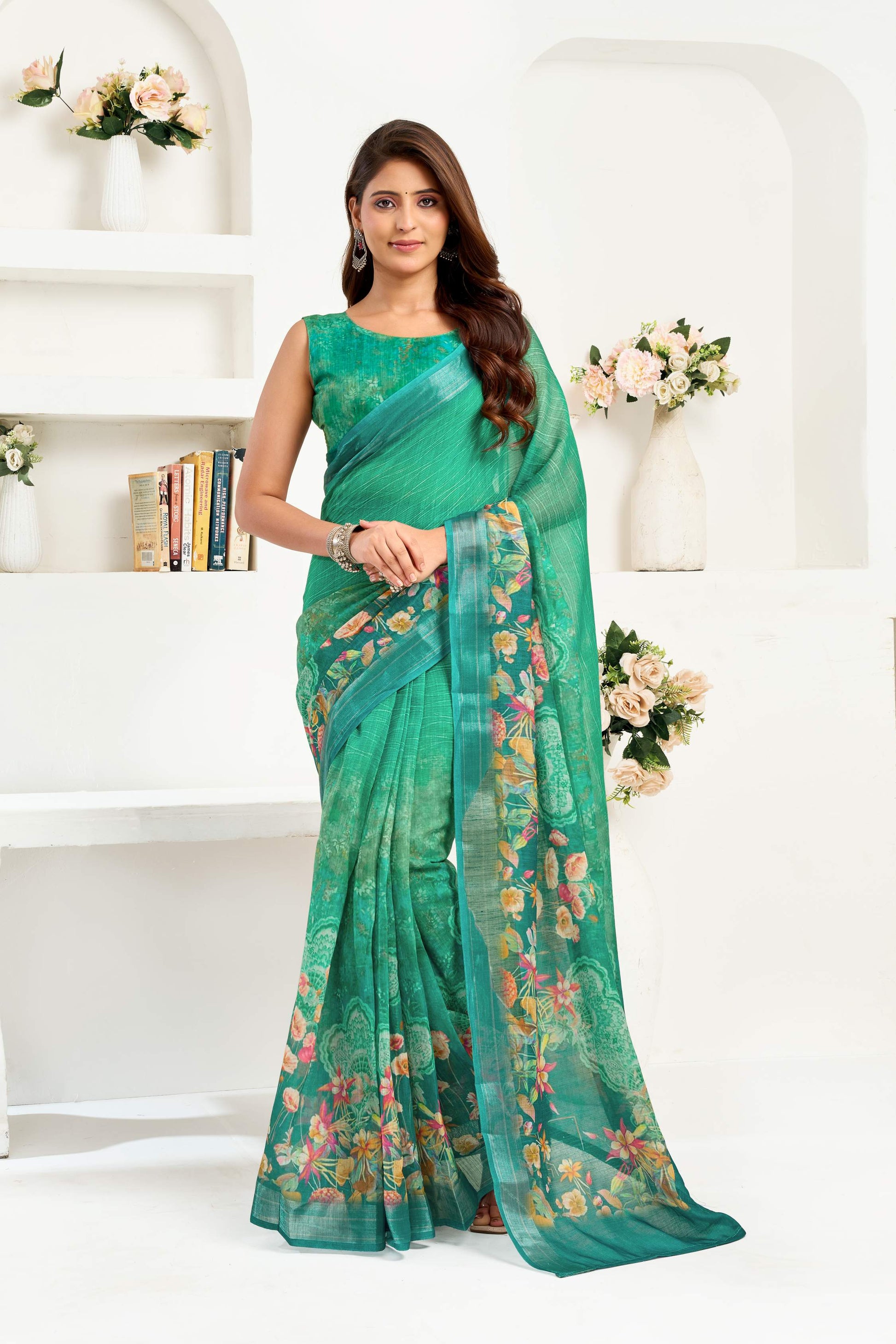 Dwija Fashion Green Party Wear Printed Linen Ready To Wear Saree With Unstitched Blouse