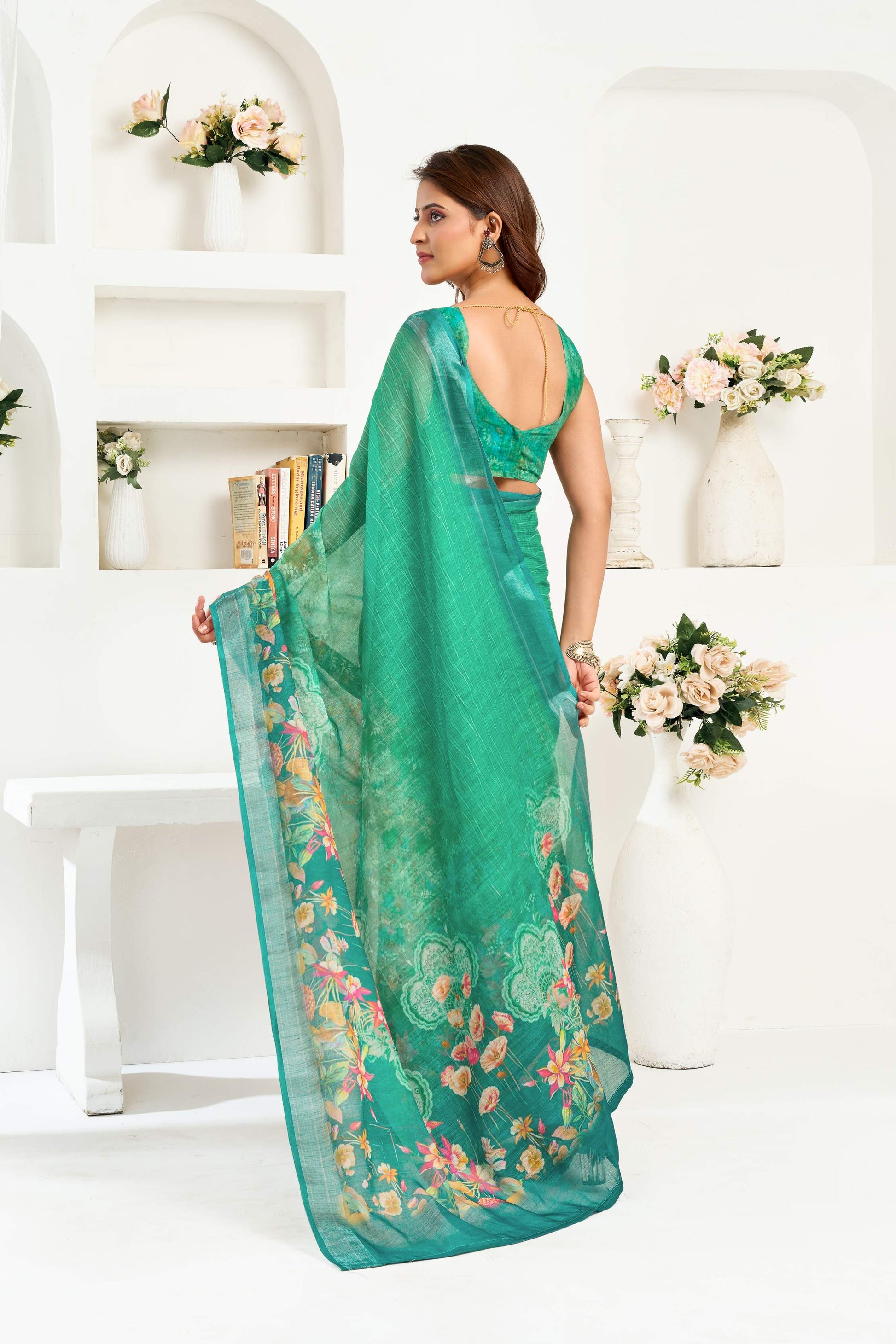 Dwija Fashion Green Party Wear Printed Linen Ready To Wear Saree With Unstitched Blouse