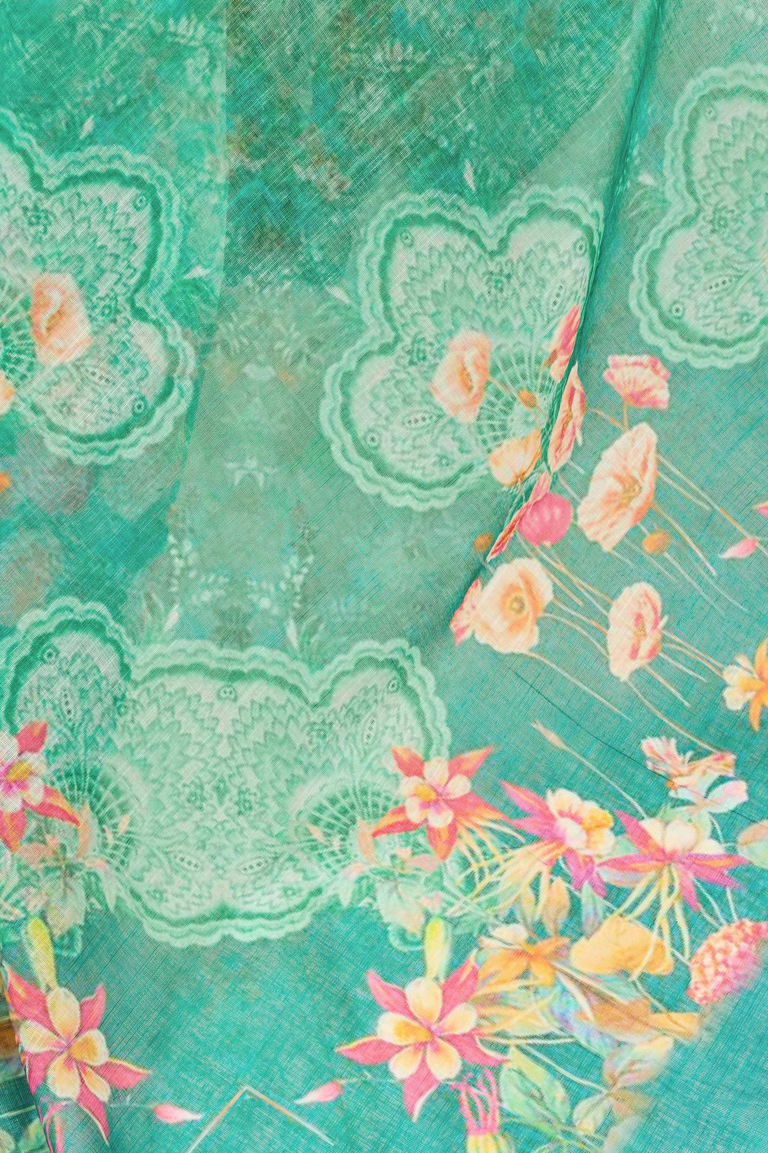 Dwija Fashion Green Party Wear Printed Linen Ready To Wear Saree With Unstitched Blouse