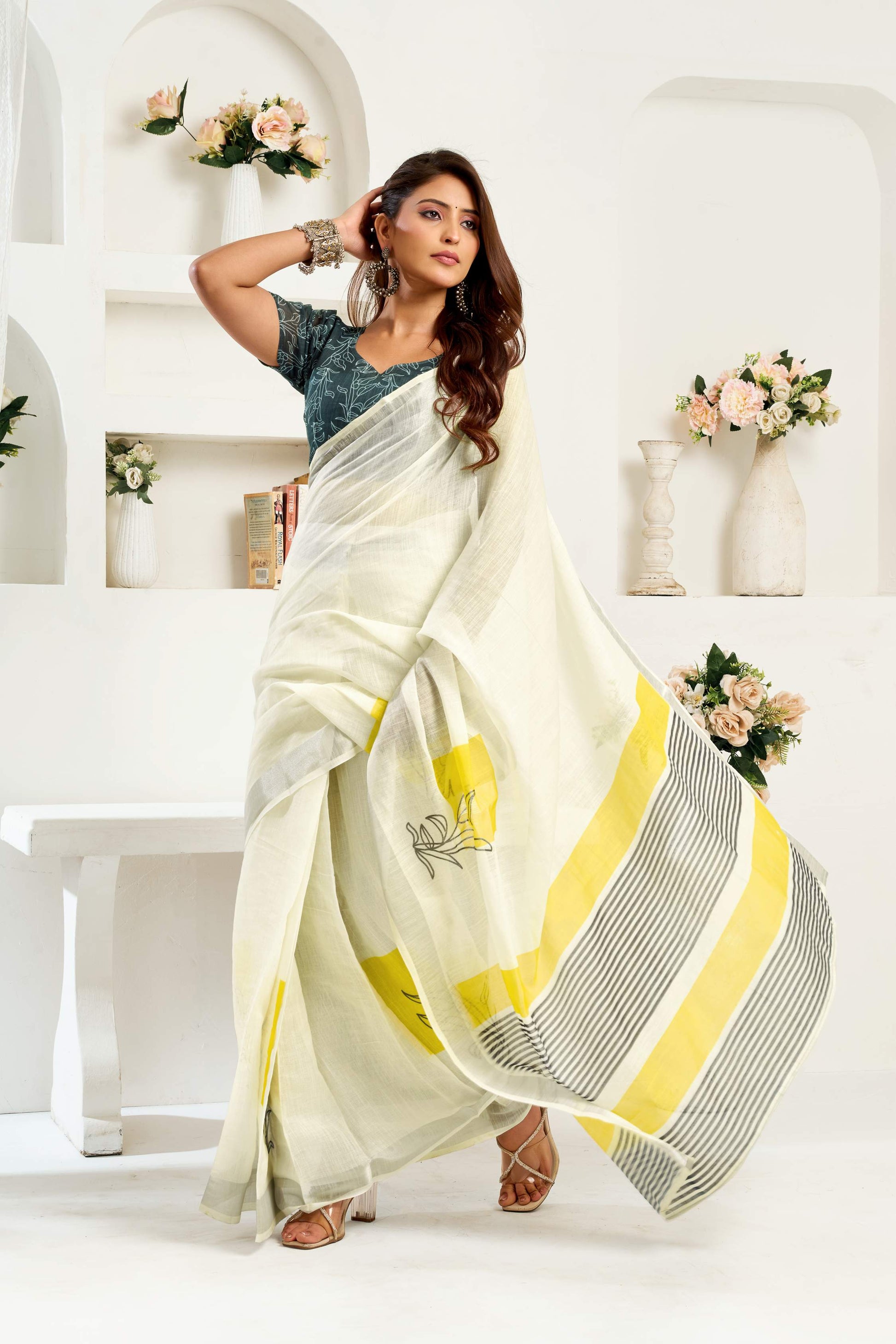 Dwija Fashion White Party Wear Printed Linen Ready To Wear Saree With Unstitched Blouse