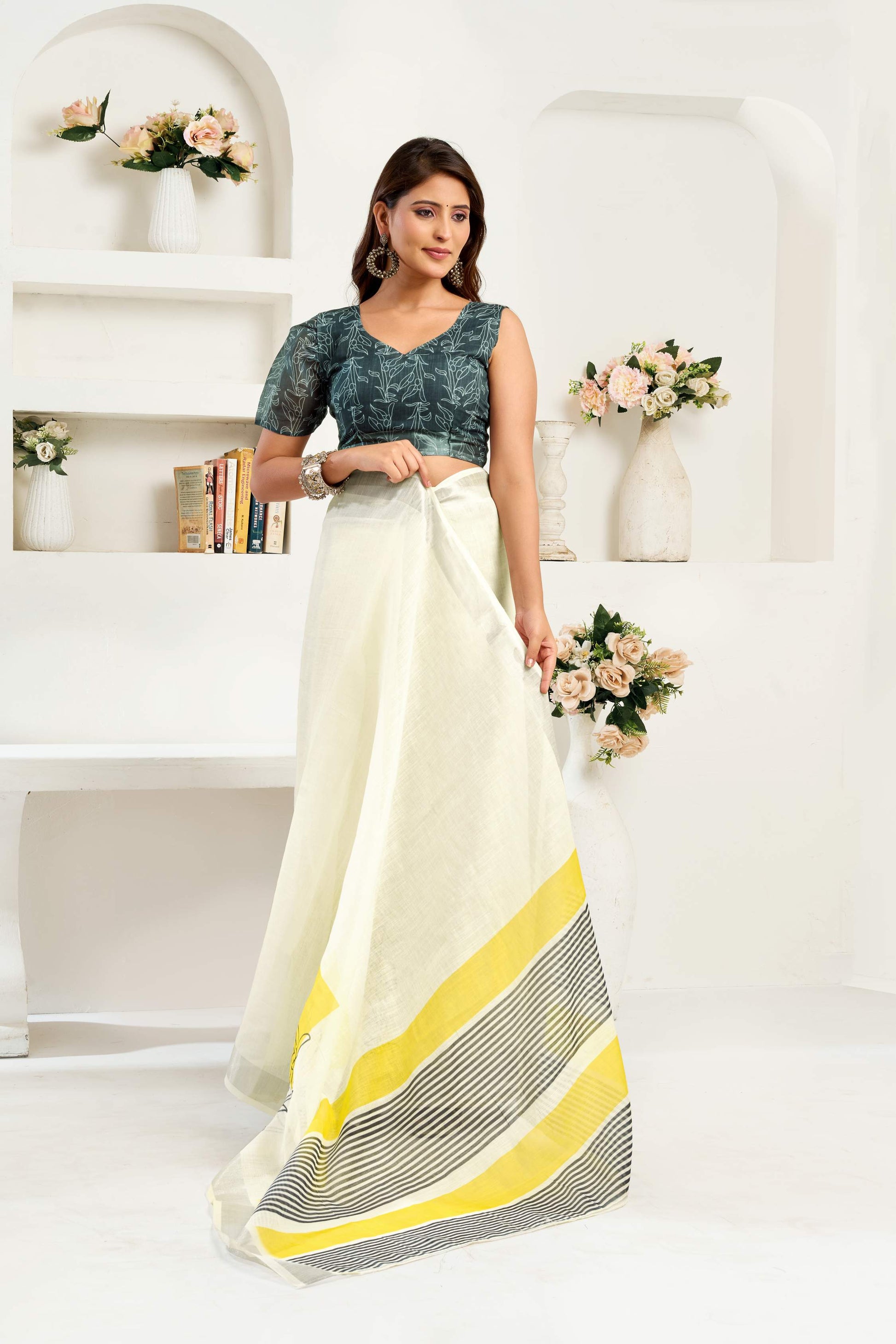 Dwija Fashion White Party Wear Printed Linen Ready To Wear Saree With Unstitched Blouse