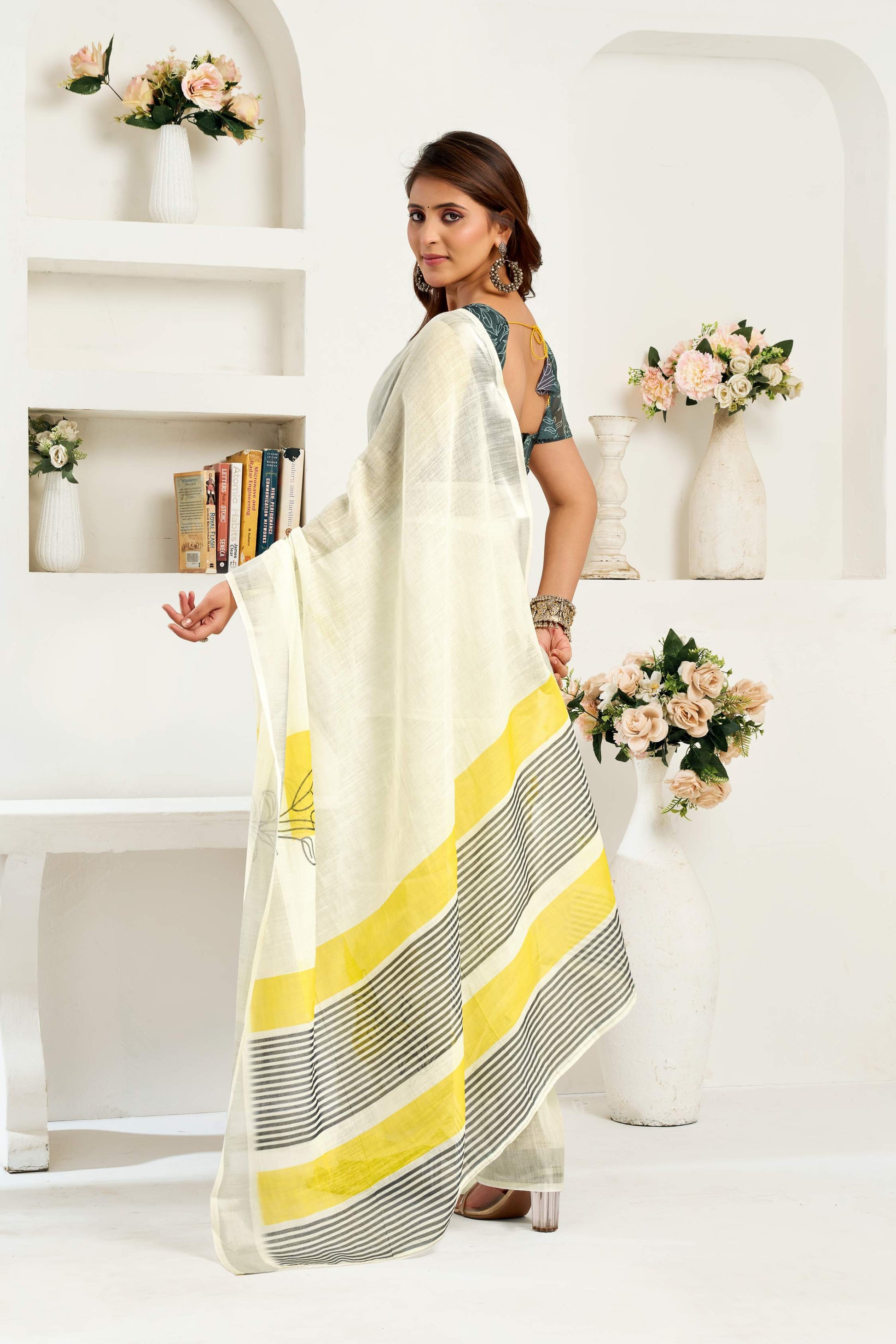 Dwija Fashion White Party Wear Printed Linen Ready To Wear Saree With Unstitched Blouse