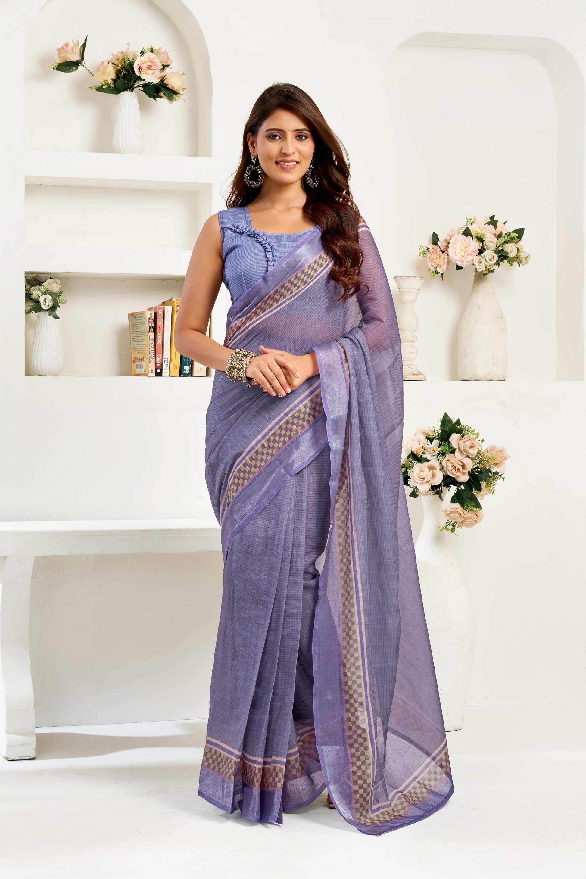 Dwija Fashion Navy Blue Party Wear Printed Linen Ready To Wear Saree With Unstitched Blouse