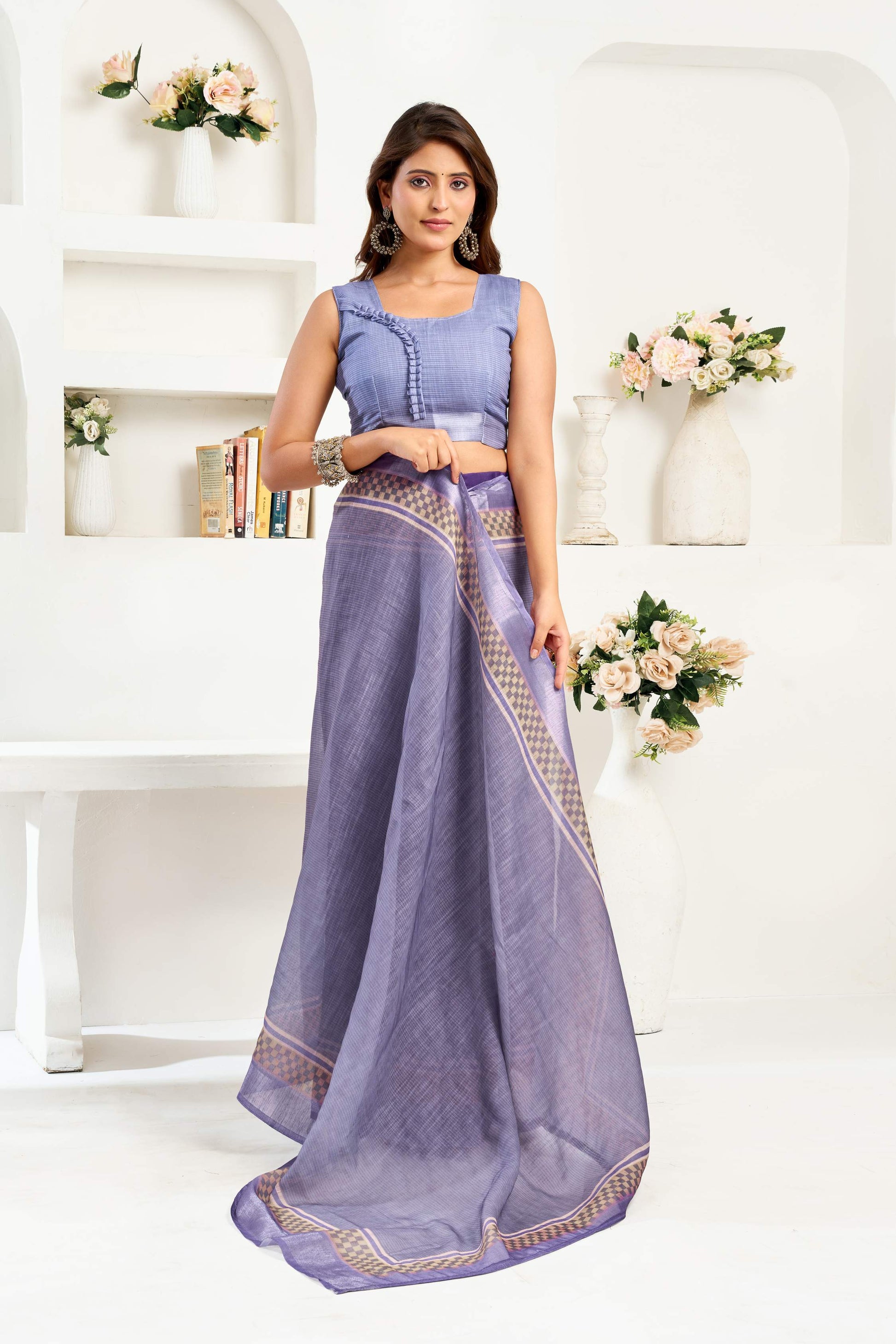 Dwija Fashion Navy Blue Party Wear Printed Linen Ready To Wear Saree With Unstitched Blouse