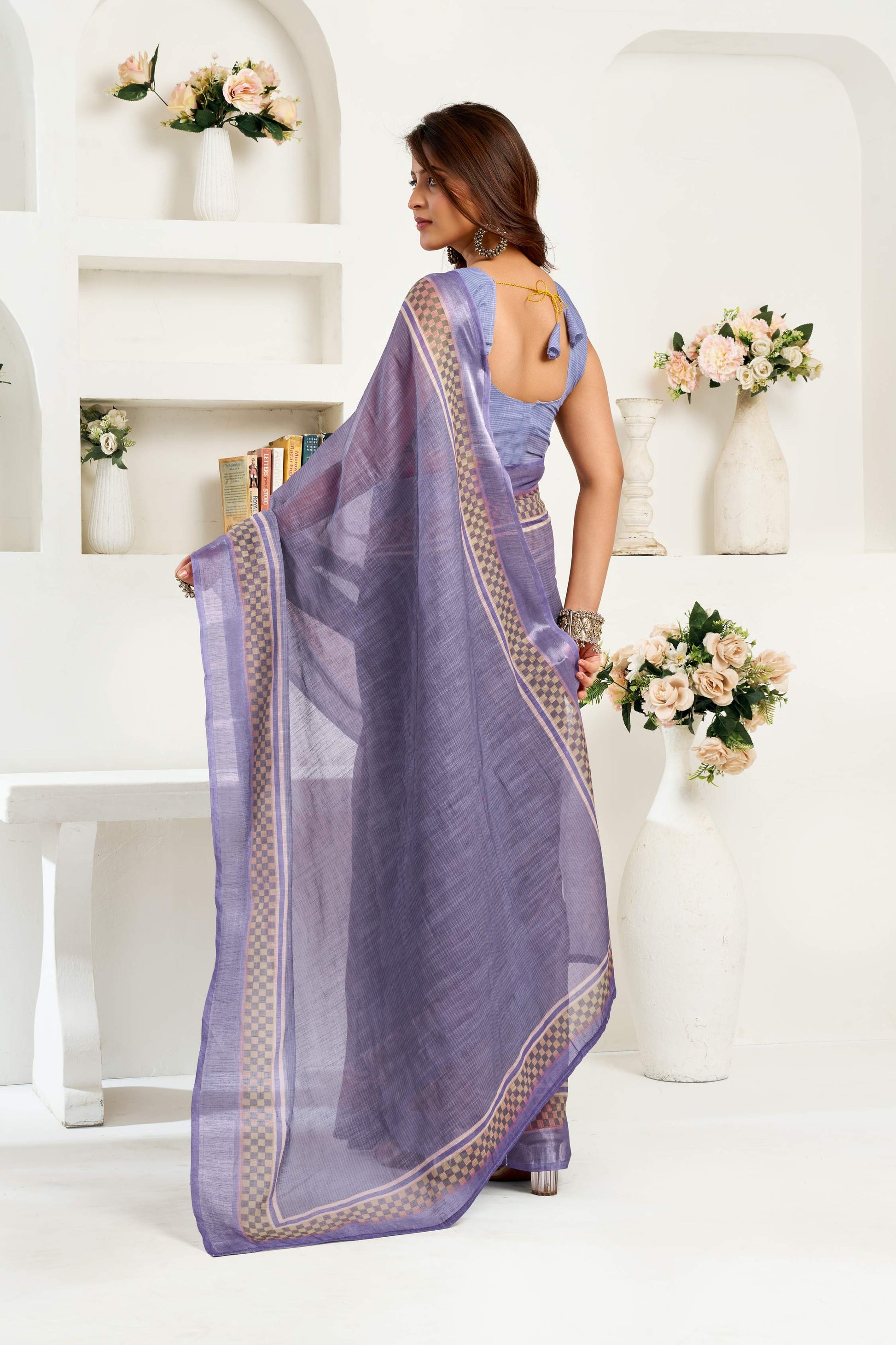 Dwija Fashion Navy Blue Party Wear Printed Linen Ready To Wear Saree With Unstitched Blouse