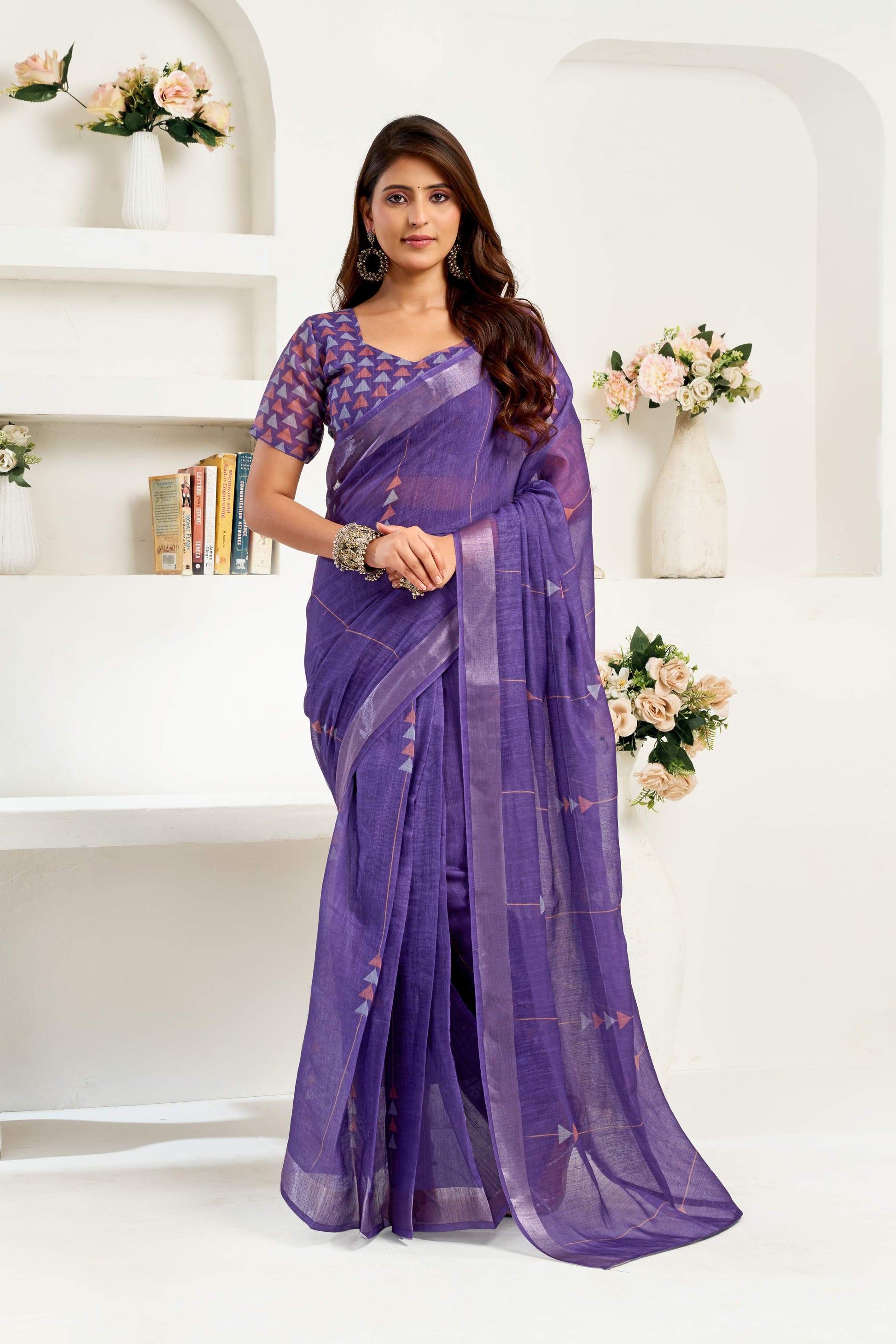 Dwija Fashion Navy Blue Party Wear Printed Linen Ready To Wear Saree With Unstitched Blouse