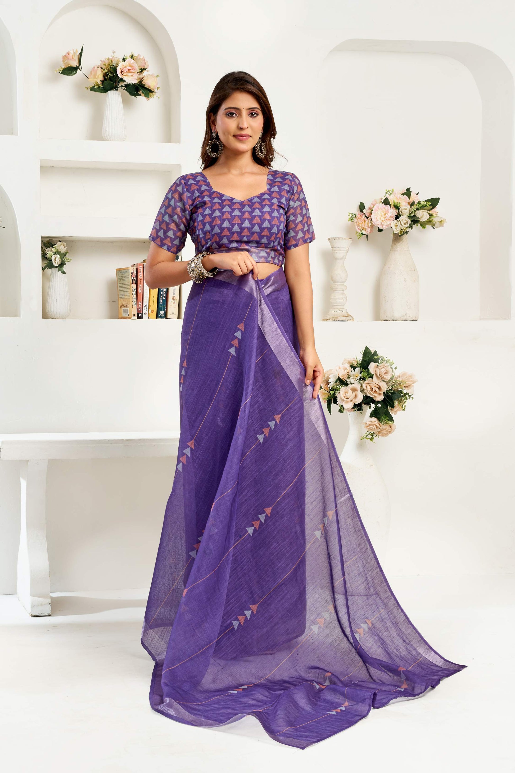 Dwija Fashion Navy Blue Party Wear Printed Linen Ready To Wear Saree With Unstitched Blouse