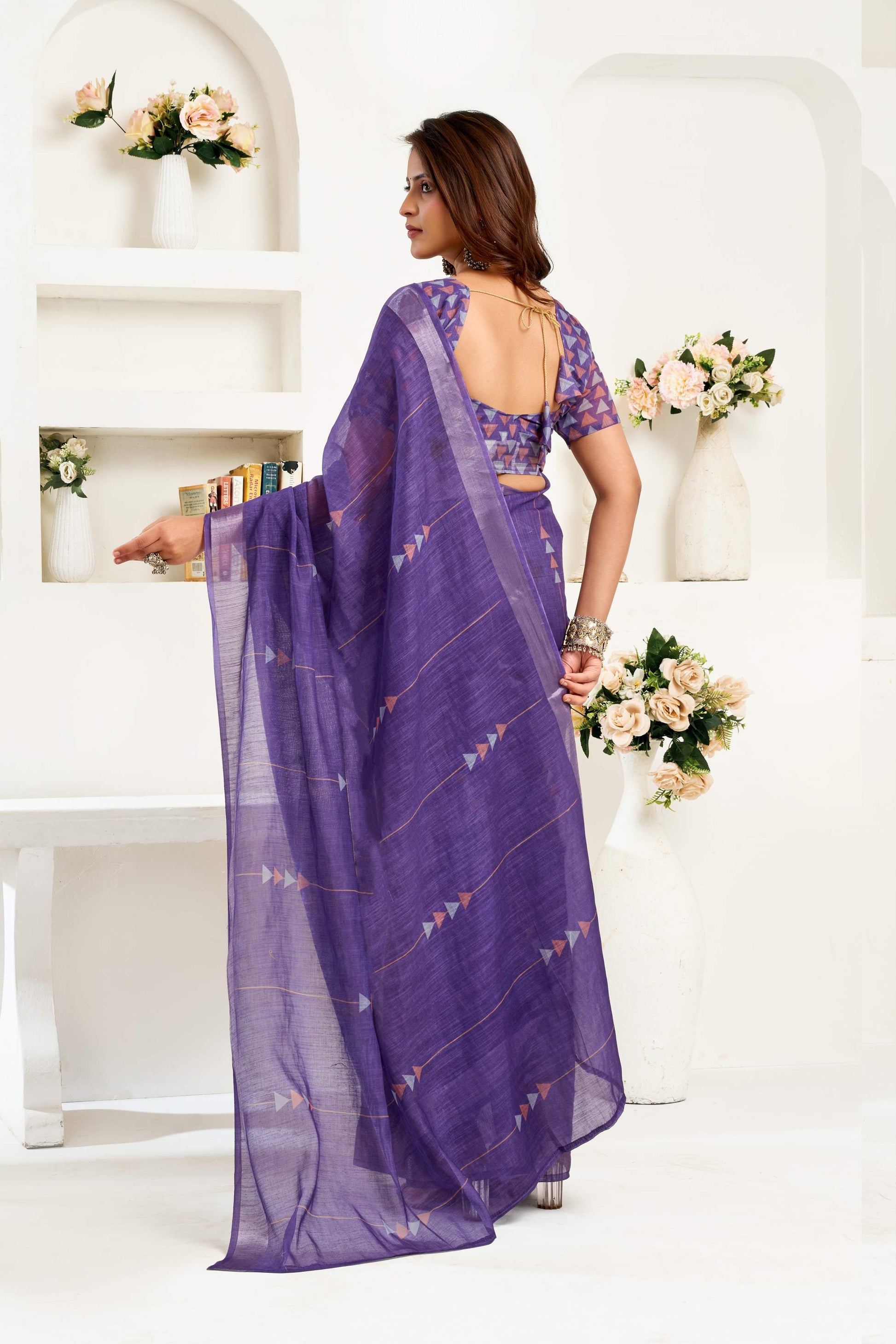 Dwija Fashion Navy Blue Party Wear Printed Linen Ready To Wear Saree With Unstitched Blouse