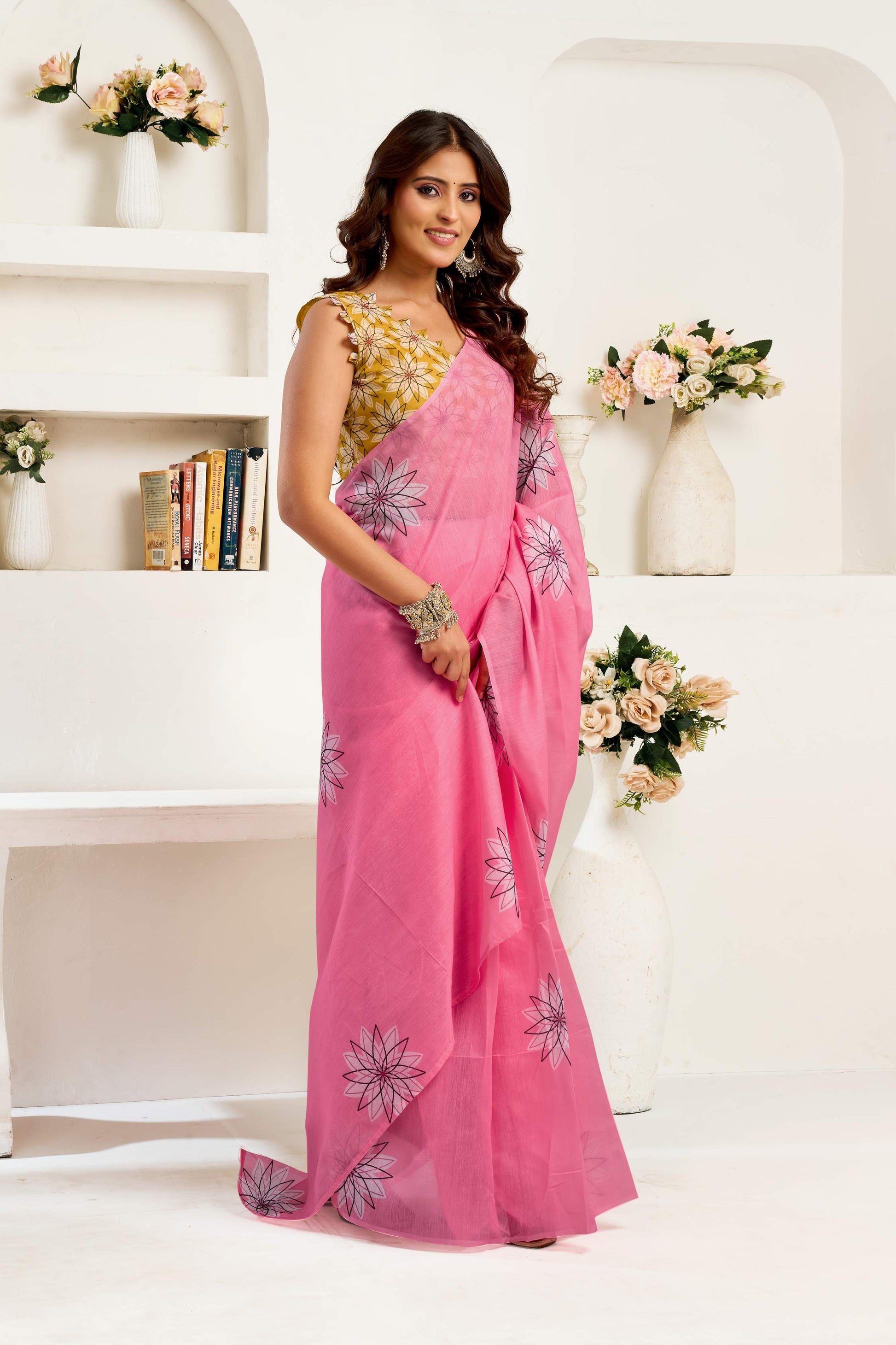 Dwija Fashion Pink Party Wear Printed Linen Ready To Wear Saree With Unstitched Blouse
