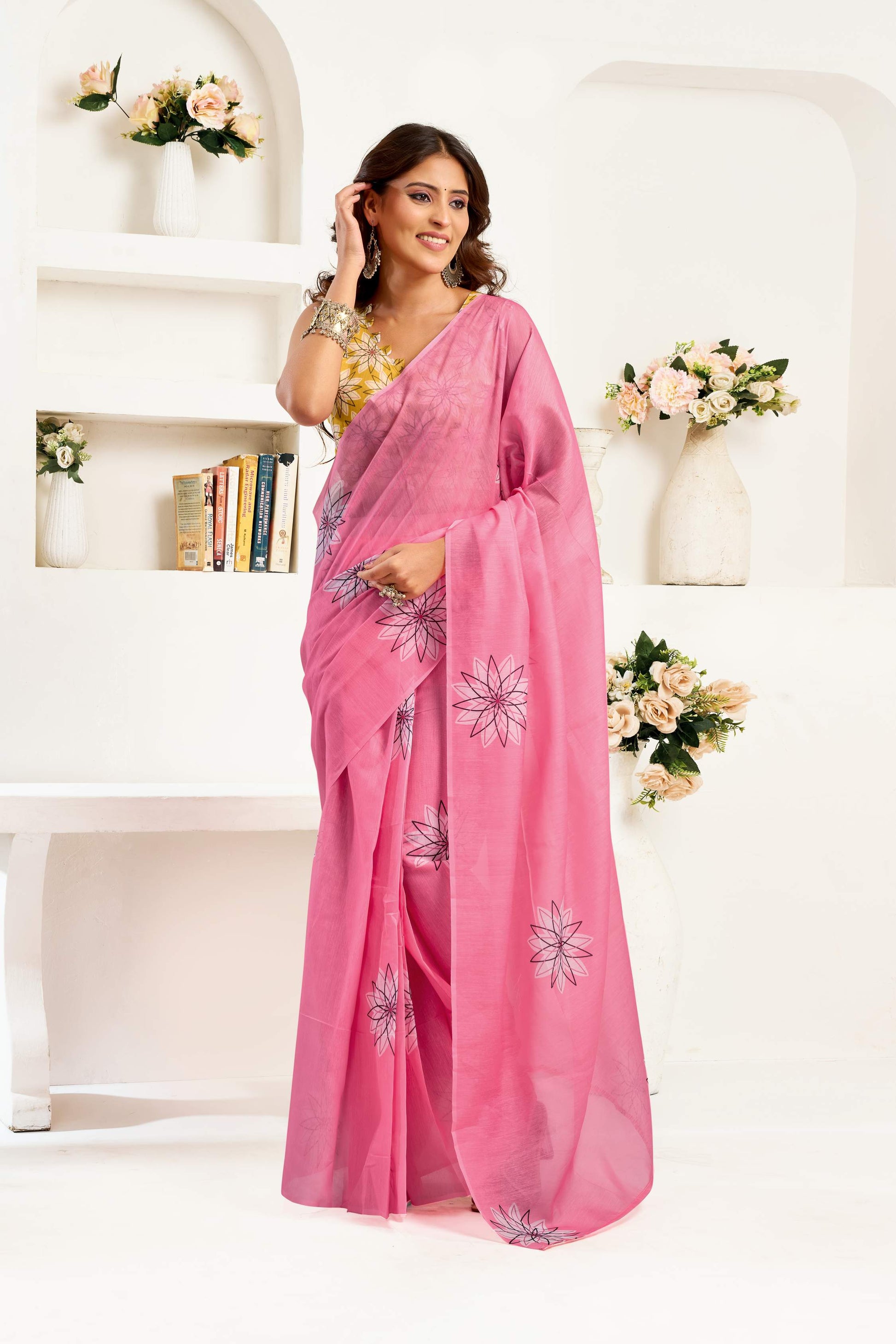 Dwija Fashion Pink Party Wear Printed Linen Ready To Wear Saree With Unstitched Blouse