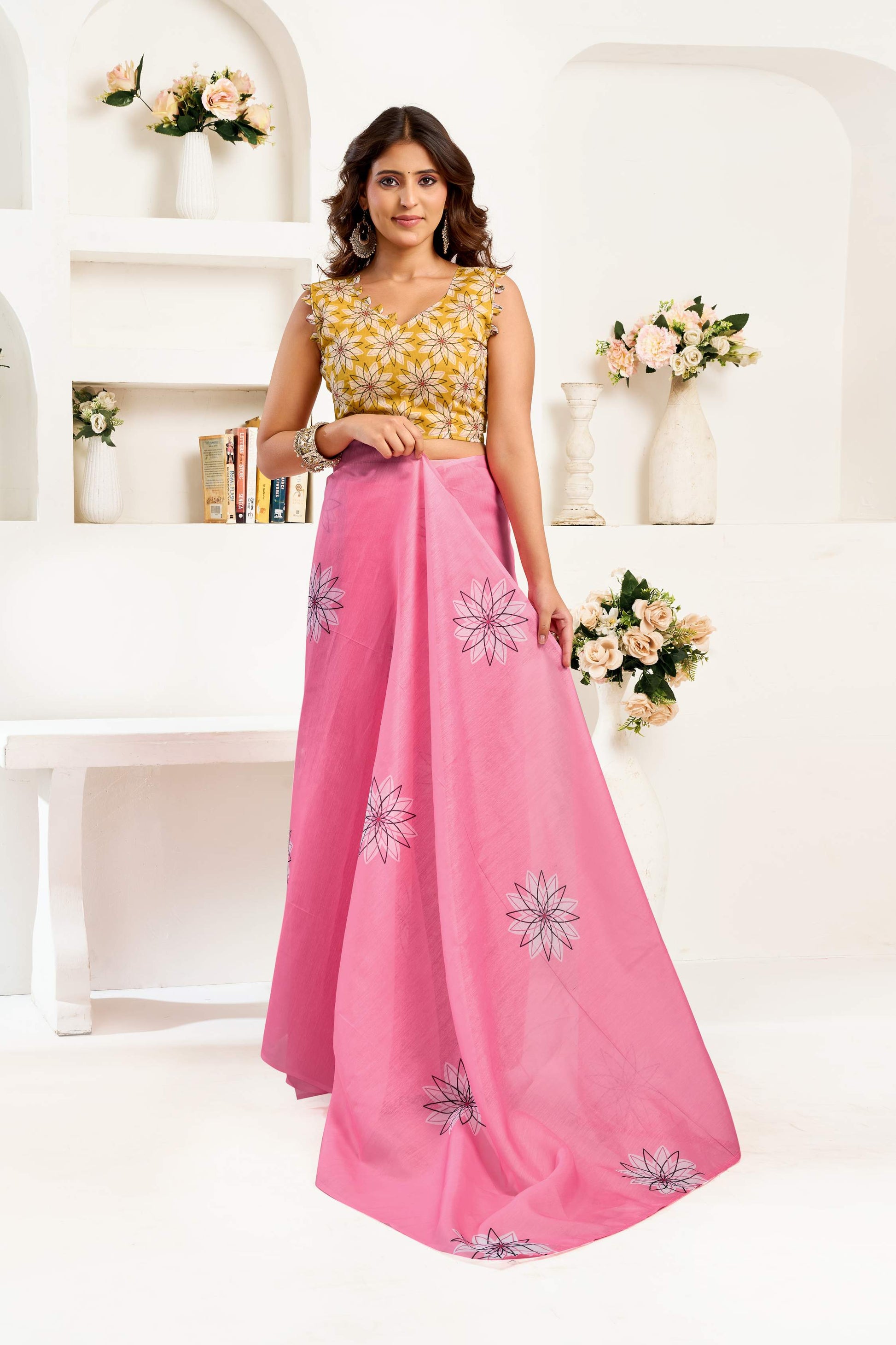 Dwija Fashion Pink Party Wear Printed Linen Ready To Wear Saree With Unstitched Blouse