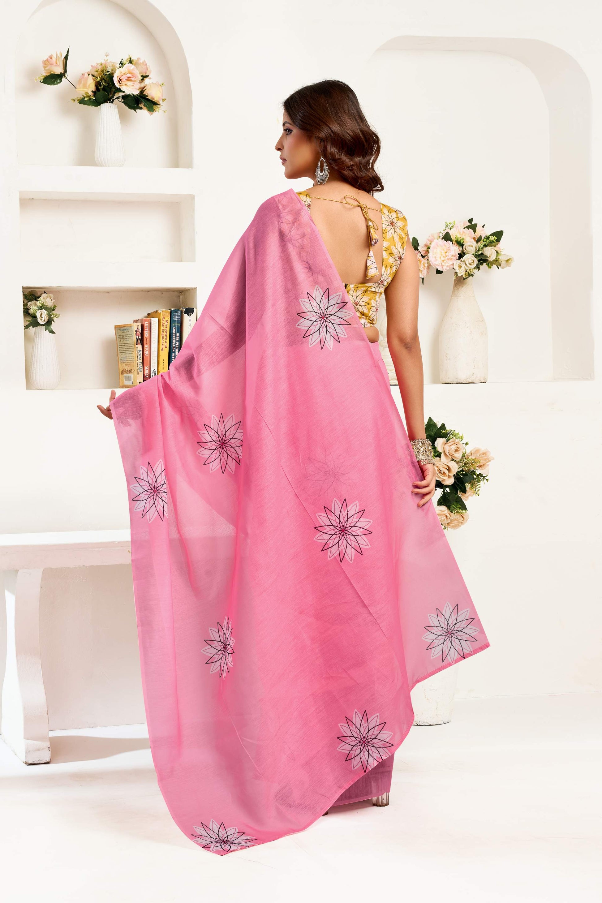 Dwija Fashion Pink Party Wear Printed Linen Ready To Wear Saree With Unstitched Blouse