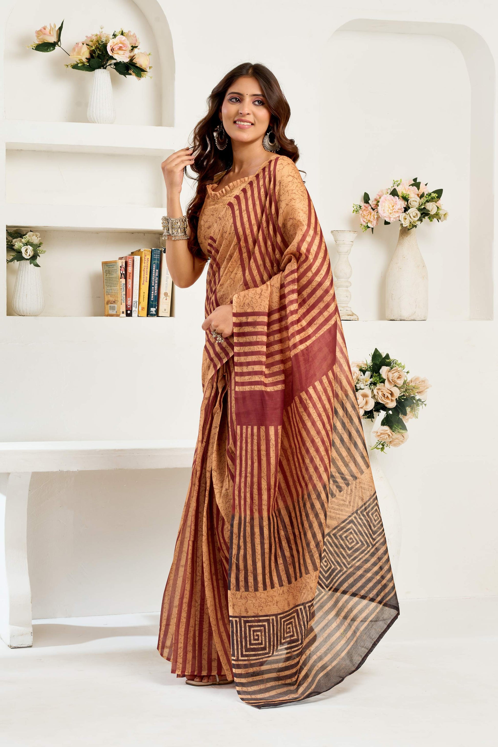 Dwija Fashion Coffee Brown Party Wear Printed Linen Ready To Wear Saree With Unstitched Blouse