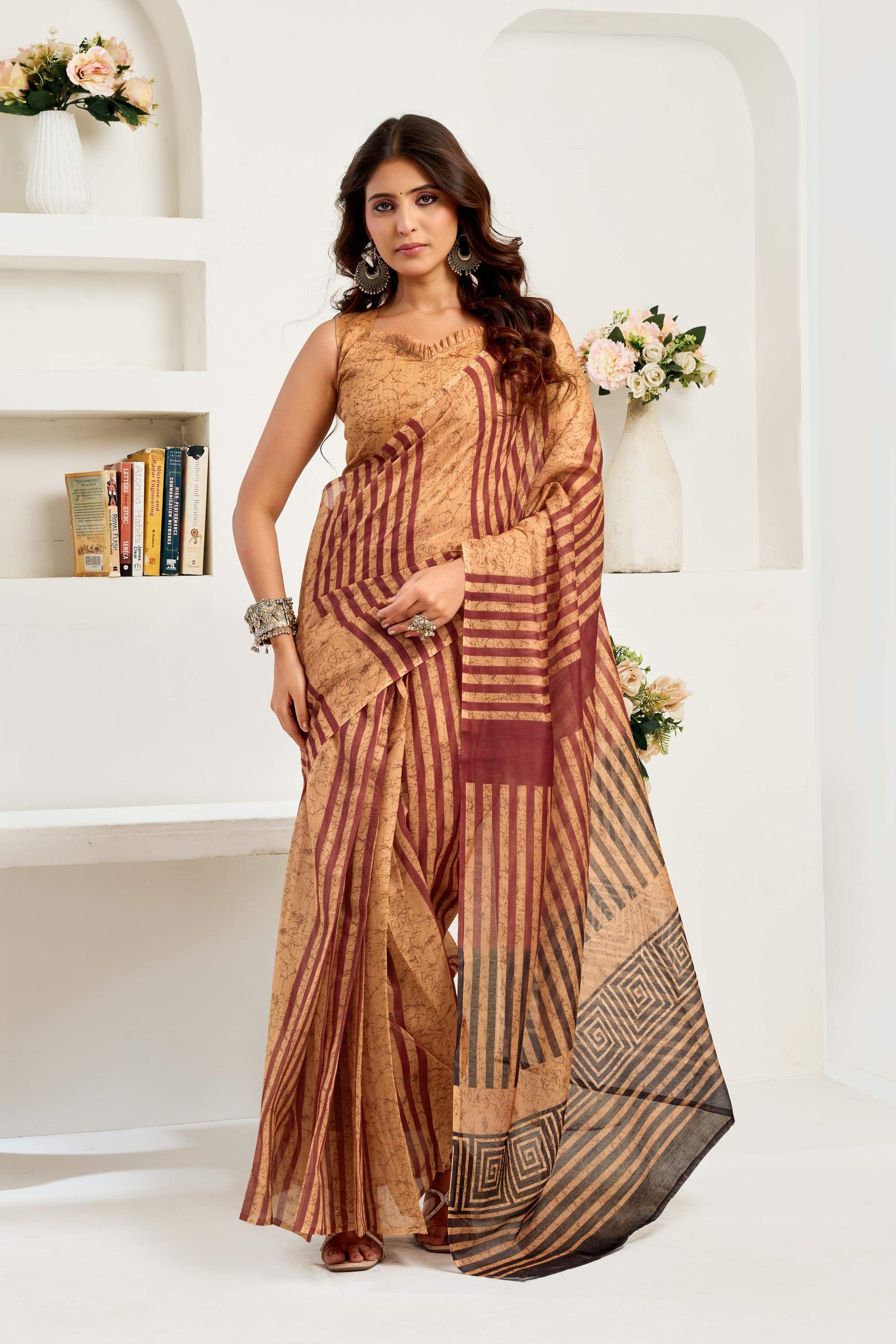 Dwija Fashion Coffee Brown Party Wear Printed Linen Ready To Wear Saree With Unstitched Blouse