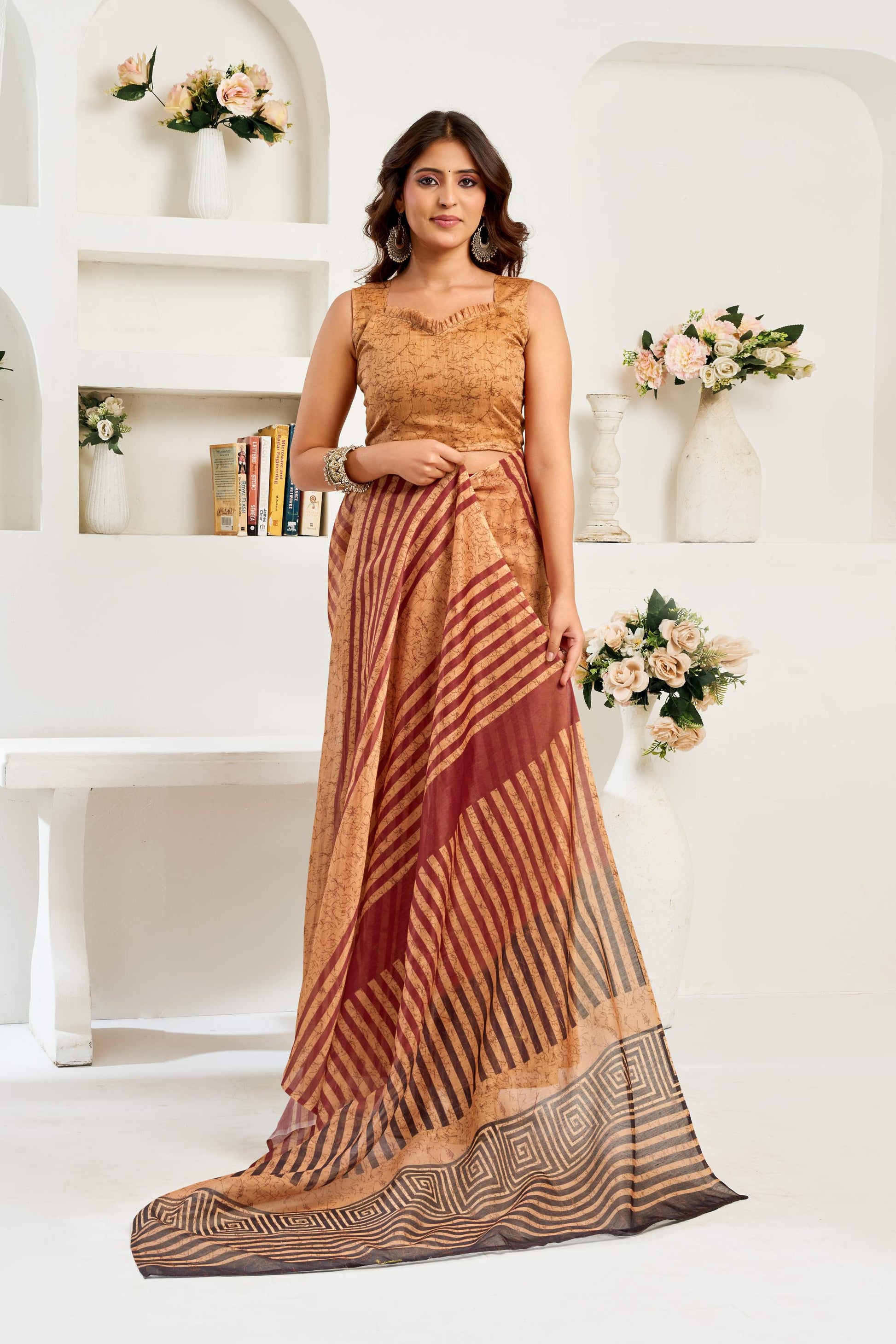 Dwija Fashion Coffee Brown Party Wear Printed Linen Ready To Wear Saree With Unstitched Blouse