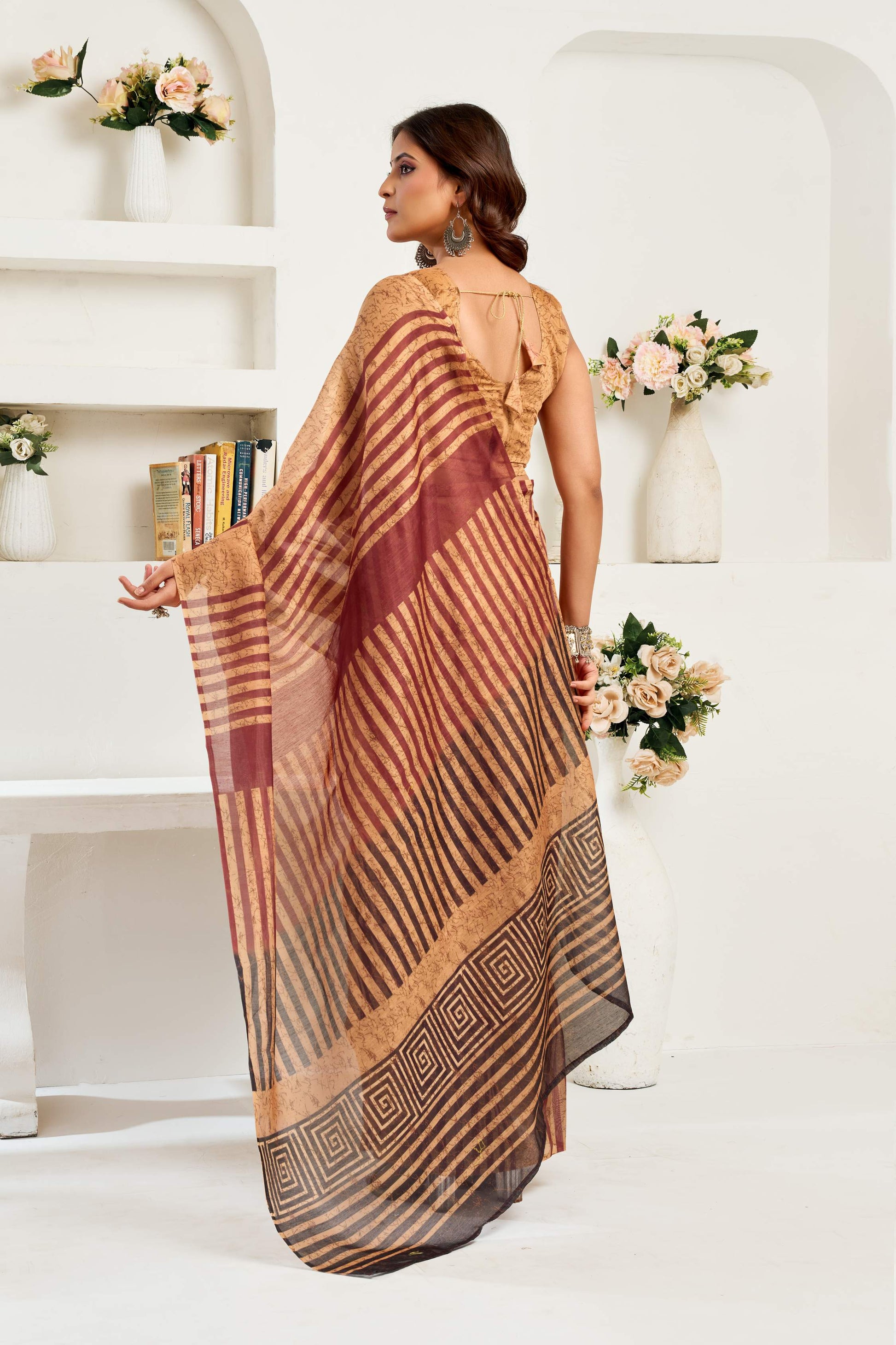 Dwija Fashion Coffee Brown Party Wear Printed Linen Ready To Wear Saree With Unstitched Blouse