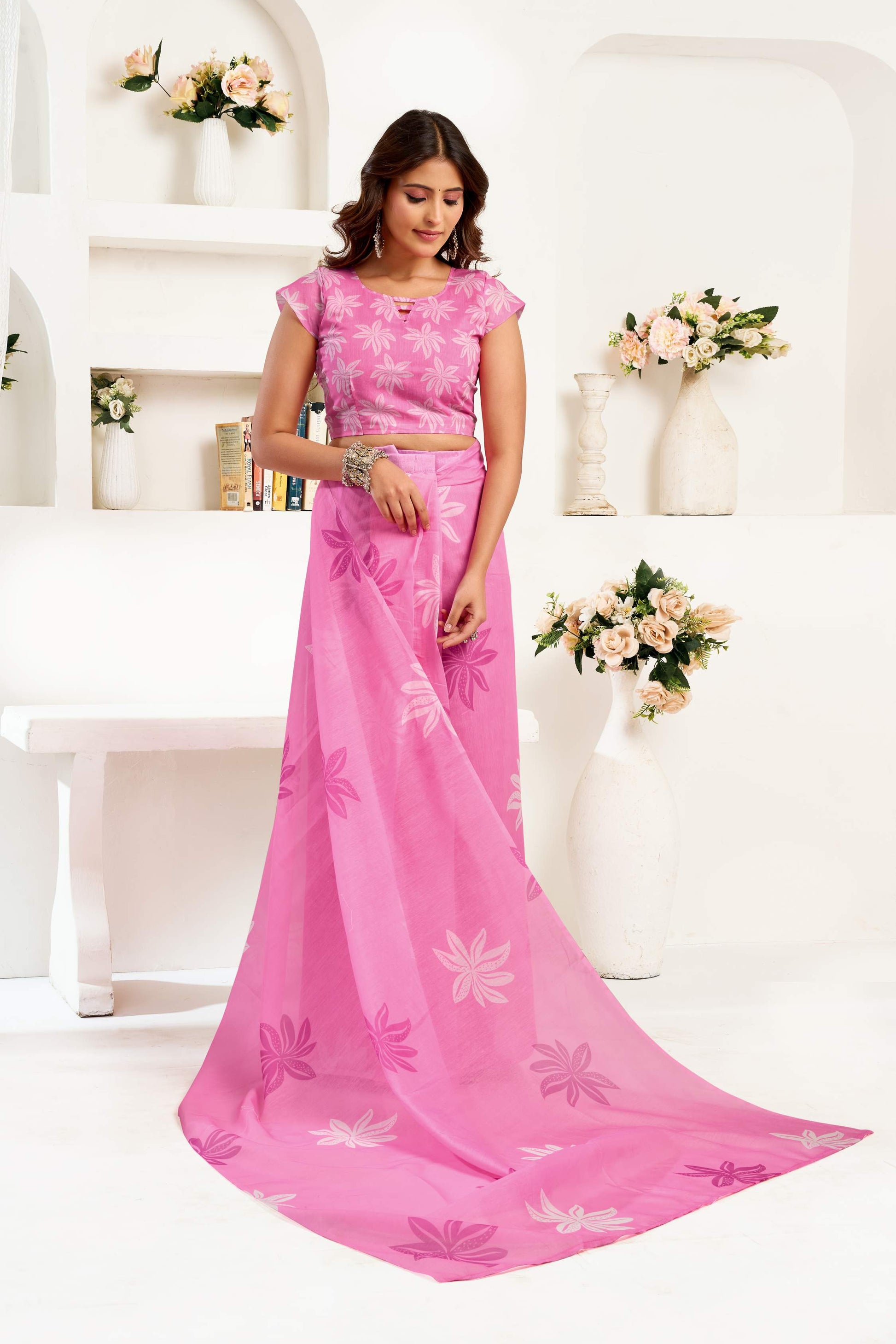 Dwija Fashion Pink Party Wear Printed Linen Ready To Wear Saree With Unstitched Blouse