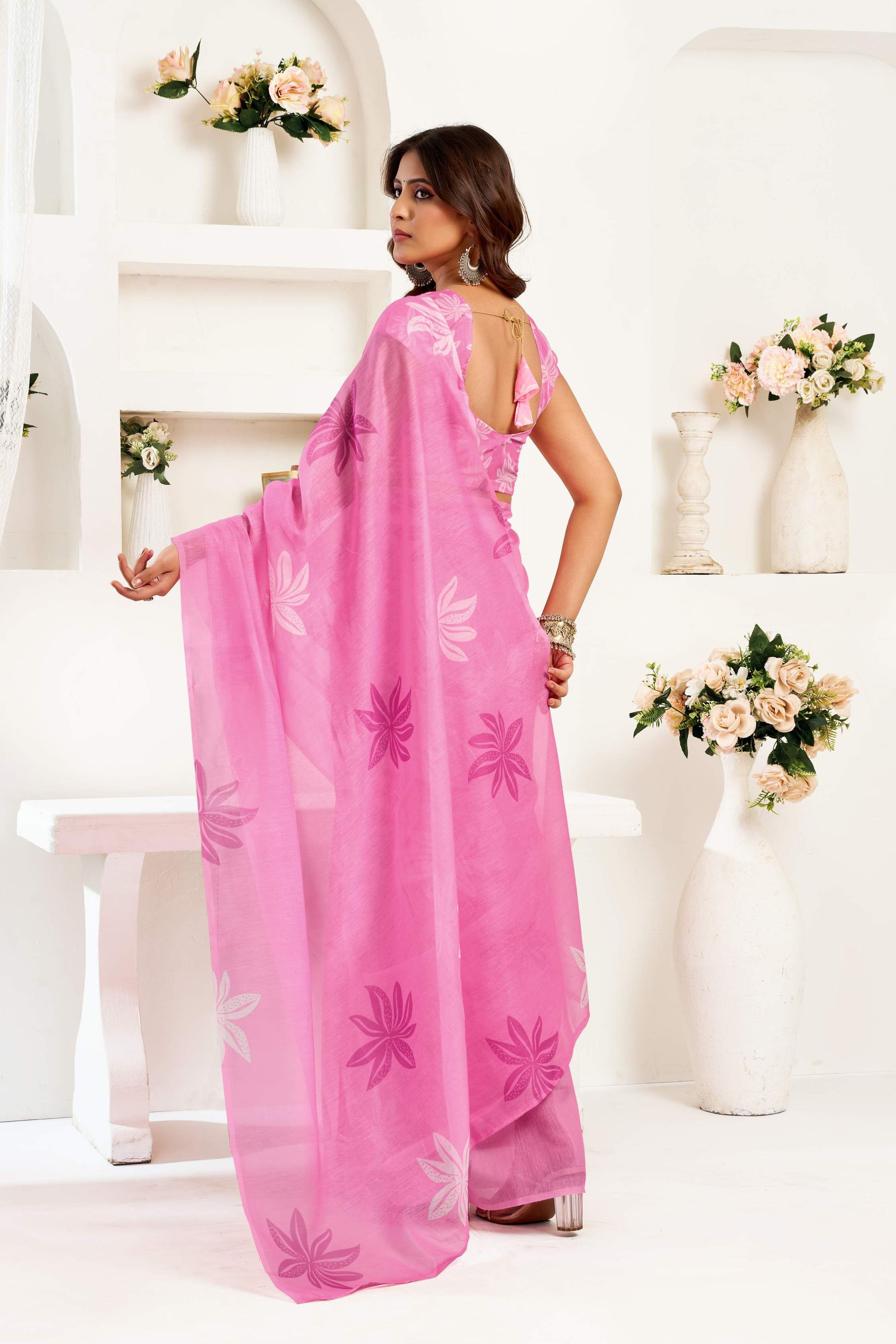 Dwija Fashion Pink Party Wear Printed Linen Ready To Wear Saree With Unstitched Blouse