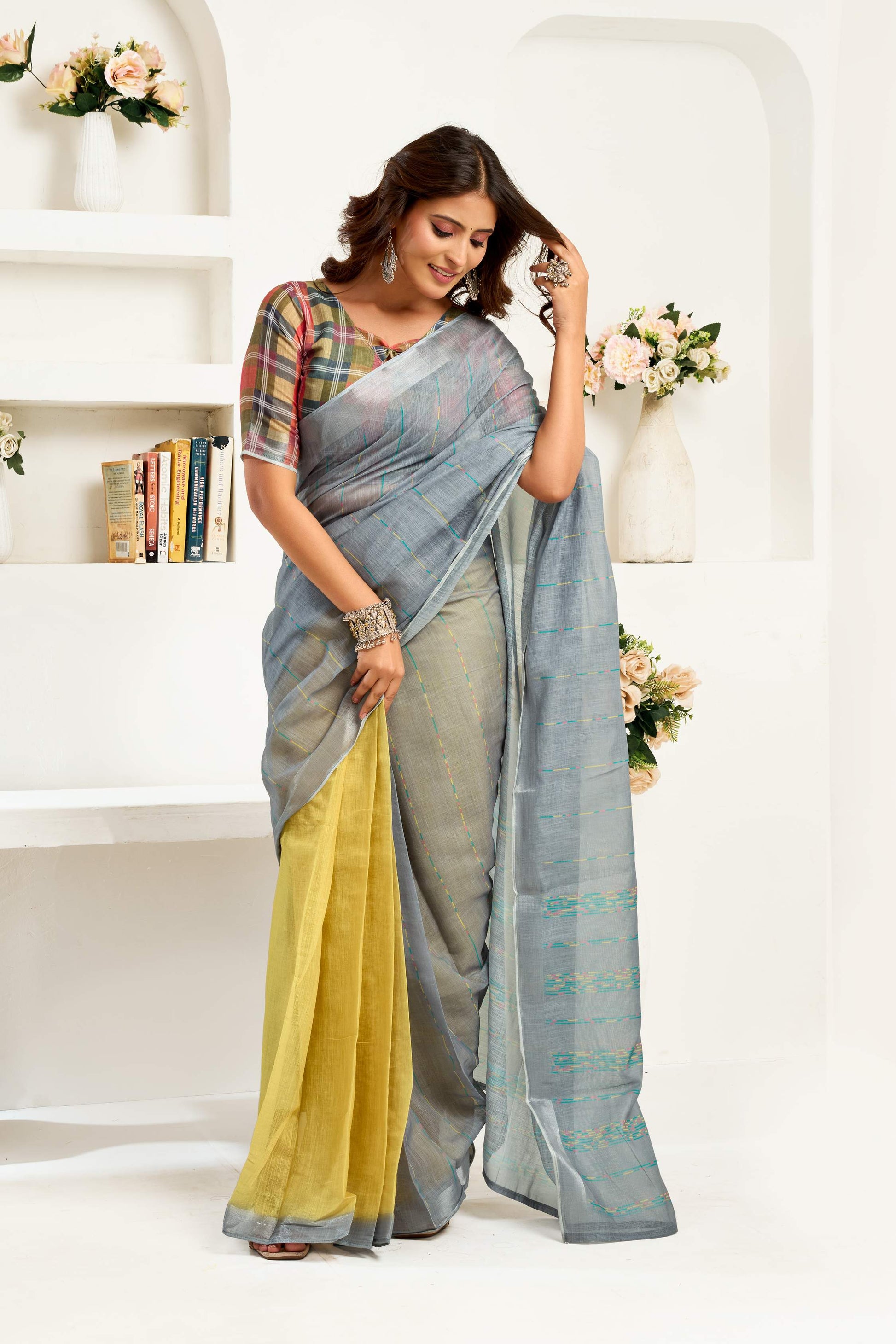 Dwija Fashion Grey Party Wear Printed Linen Ready To Wear Saree With Unstitched Blouse