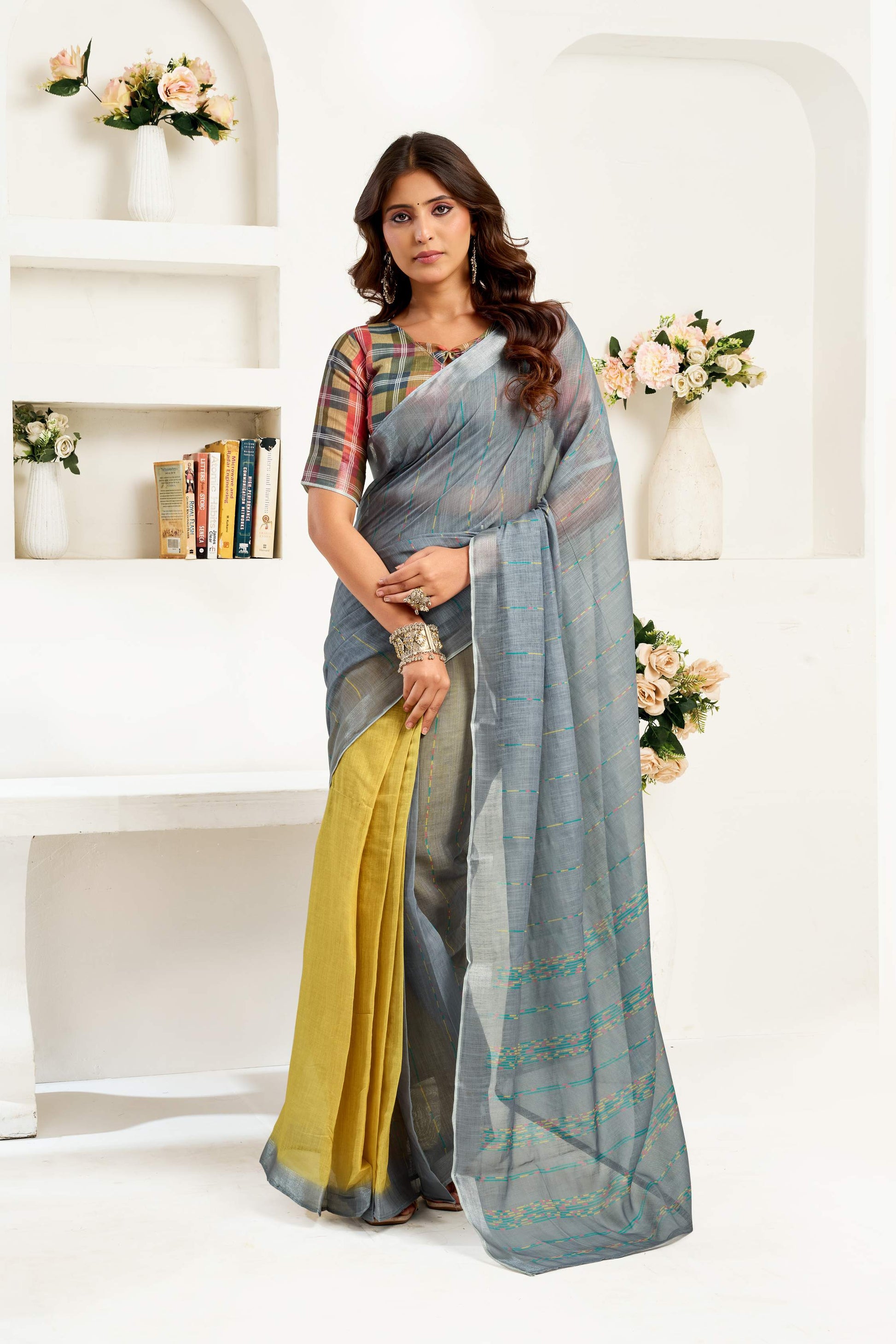 Dwija Fashion Grey Party Wear Printed Linen Ready To Wear Saree With Unstitched Blouse