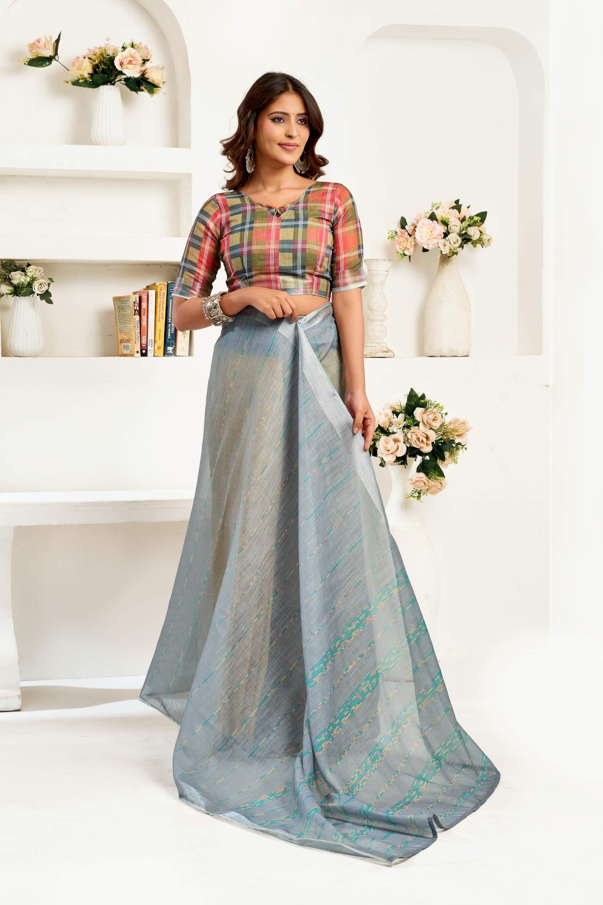 Dwija Fashion Grey Party Wear Printed Linen Ready To Wear Saree With Unstitched Blouse