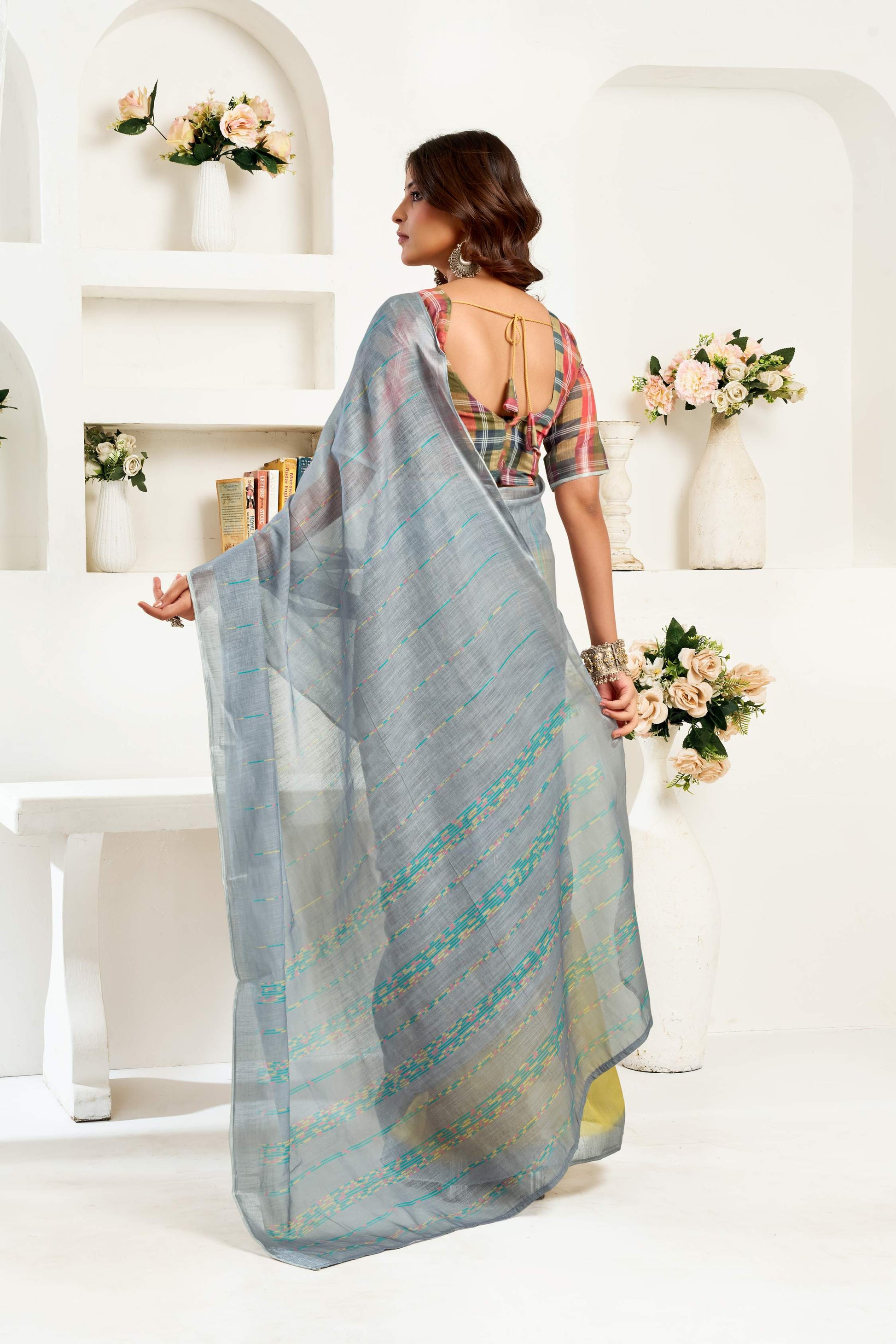 Dwija Fashion Grey Party Wear Printed Linen Ready To Wear Saree With Unstitched Blouse