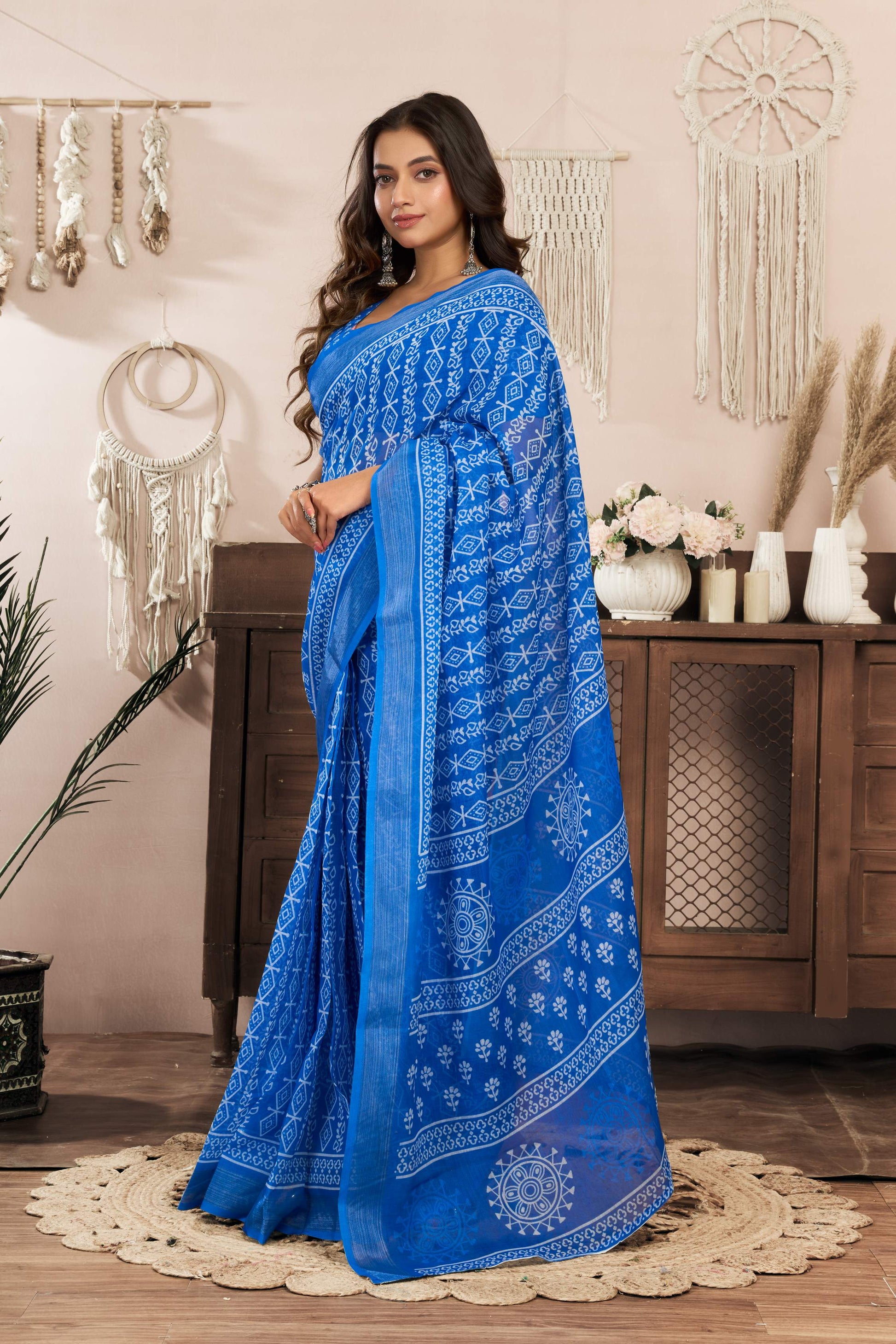 Dwija Fashion Blue Party Wear Printed Linen Ready To Wear Saree With Unstitched Blouse