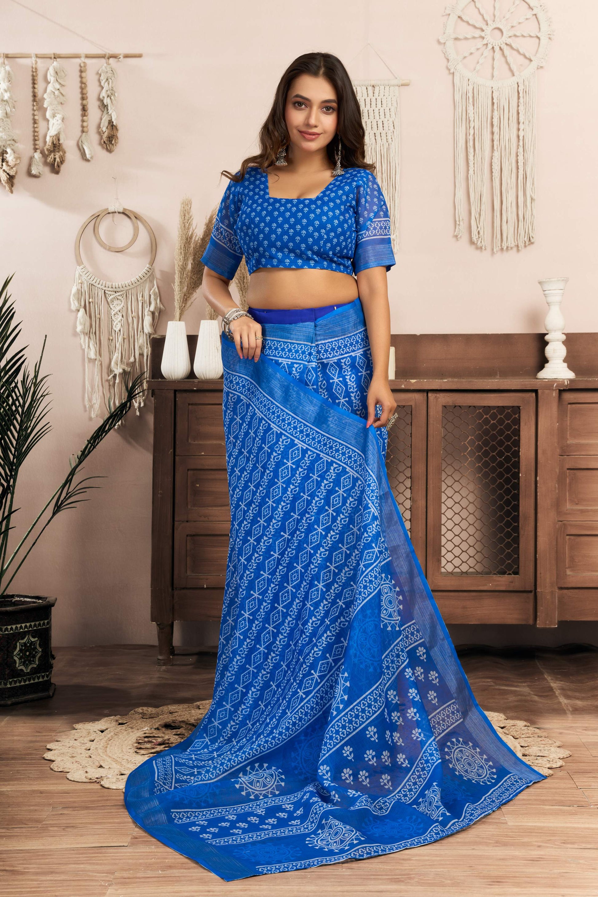 Dwija Fashion Blue Party Wear Printed Linen Ready To Wear Saree With Unstitched Blouse