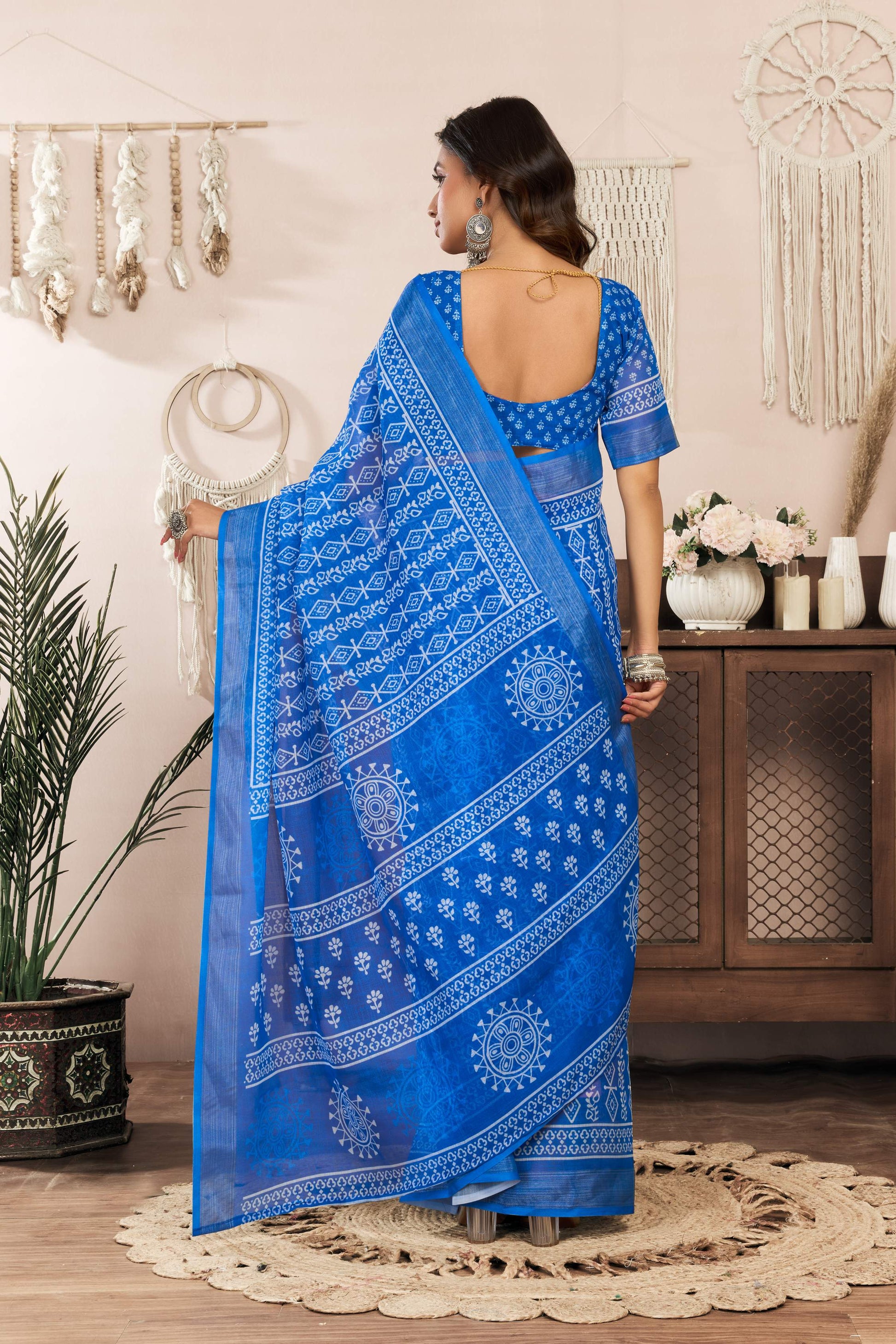 Dwija Fashion Blue Party Wear Printed Linen Ready To Wear Saree With Unstitched Blouse