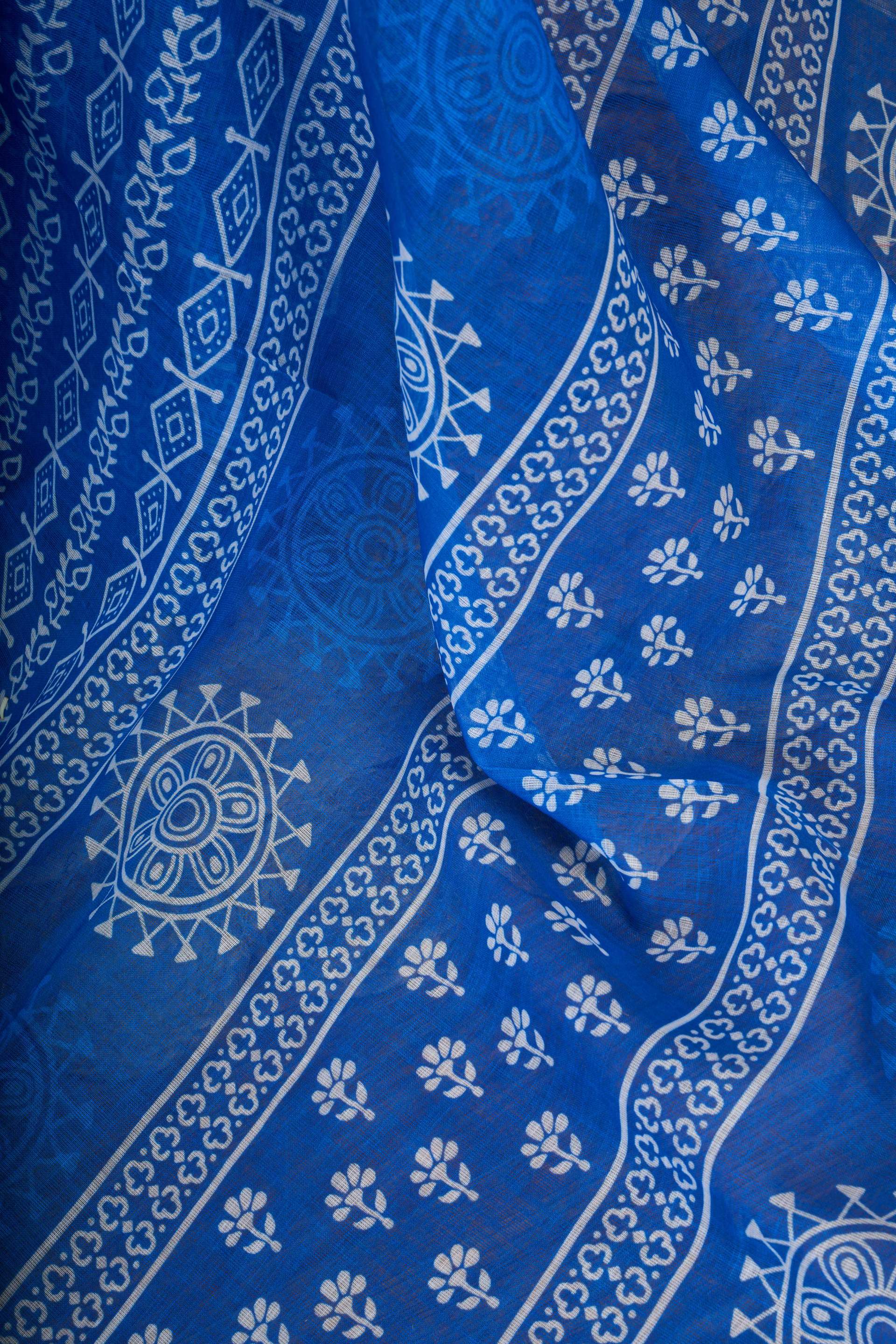 Dwija Fashion Blue Party Wear Printed Linen Ready To Wear Saree With Unstitched Blouse