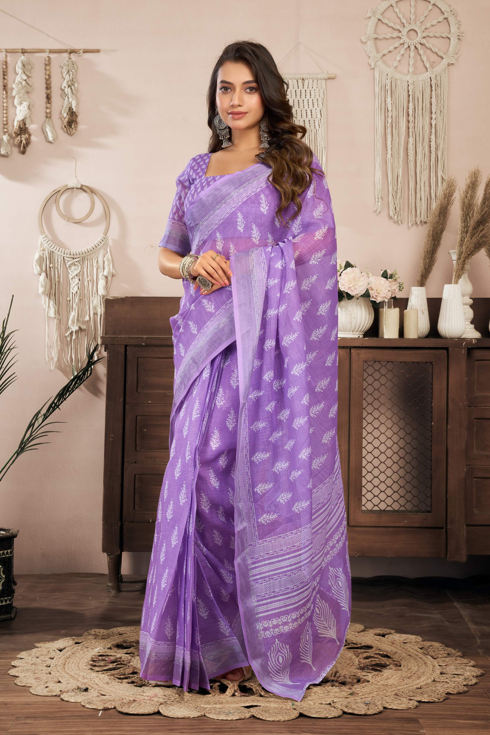 Dwija Fashion Lavender Party Wear Printed Linen Ready To Wear Saree With Unstitched Blouse