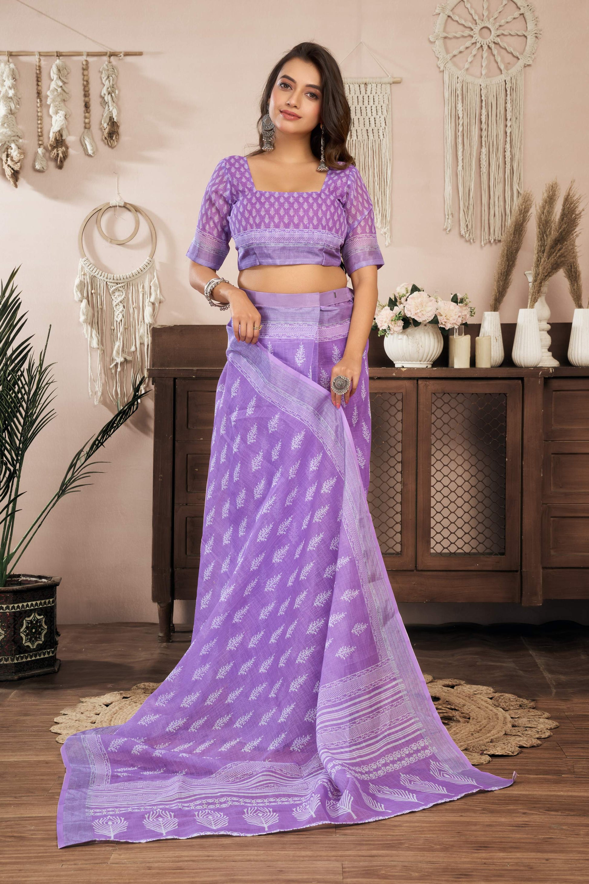Dwija Fashion Lavender Party Wear Printed Linen Ready To Wear Saree With Unstitched Blouse