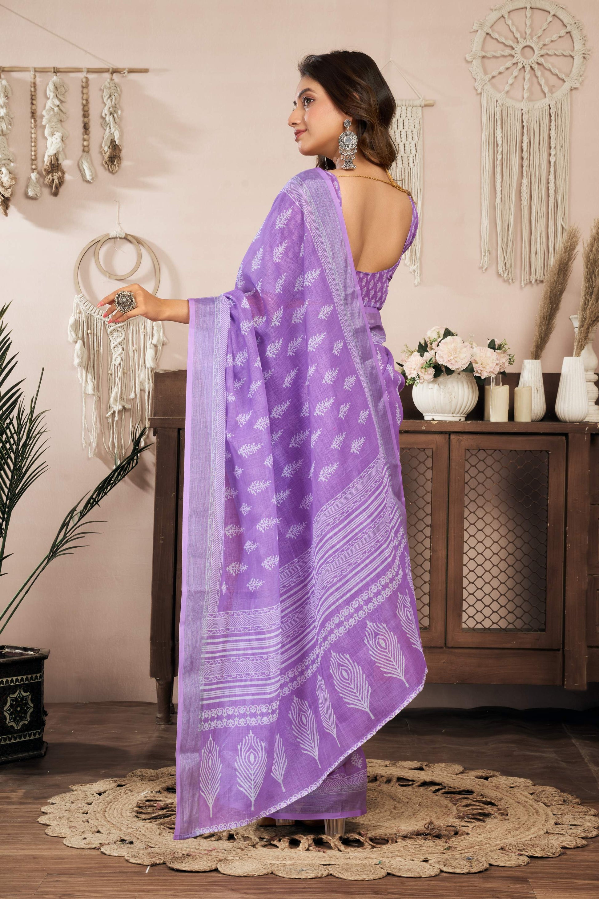 Dwija Fashion Lavender Party Wear Printed Linen Ready To Wear Saree With Unstitched Blouse