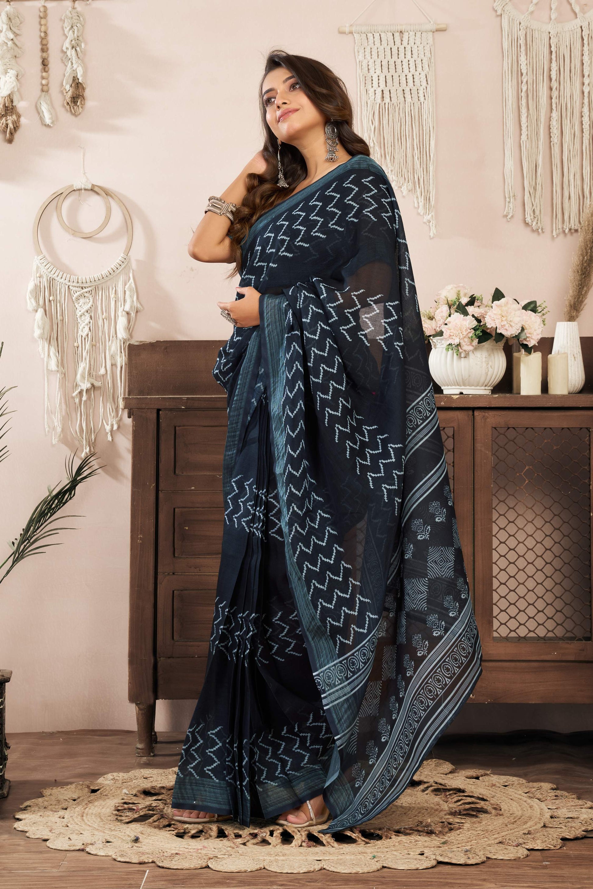 Dwija Fashion Black Party Wear Printed Linen Ready To Wear Saree With Unstitched Blouse
