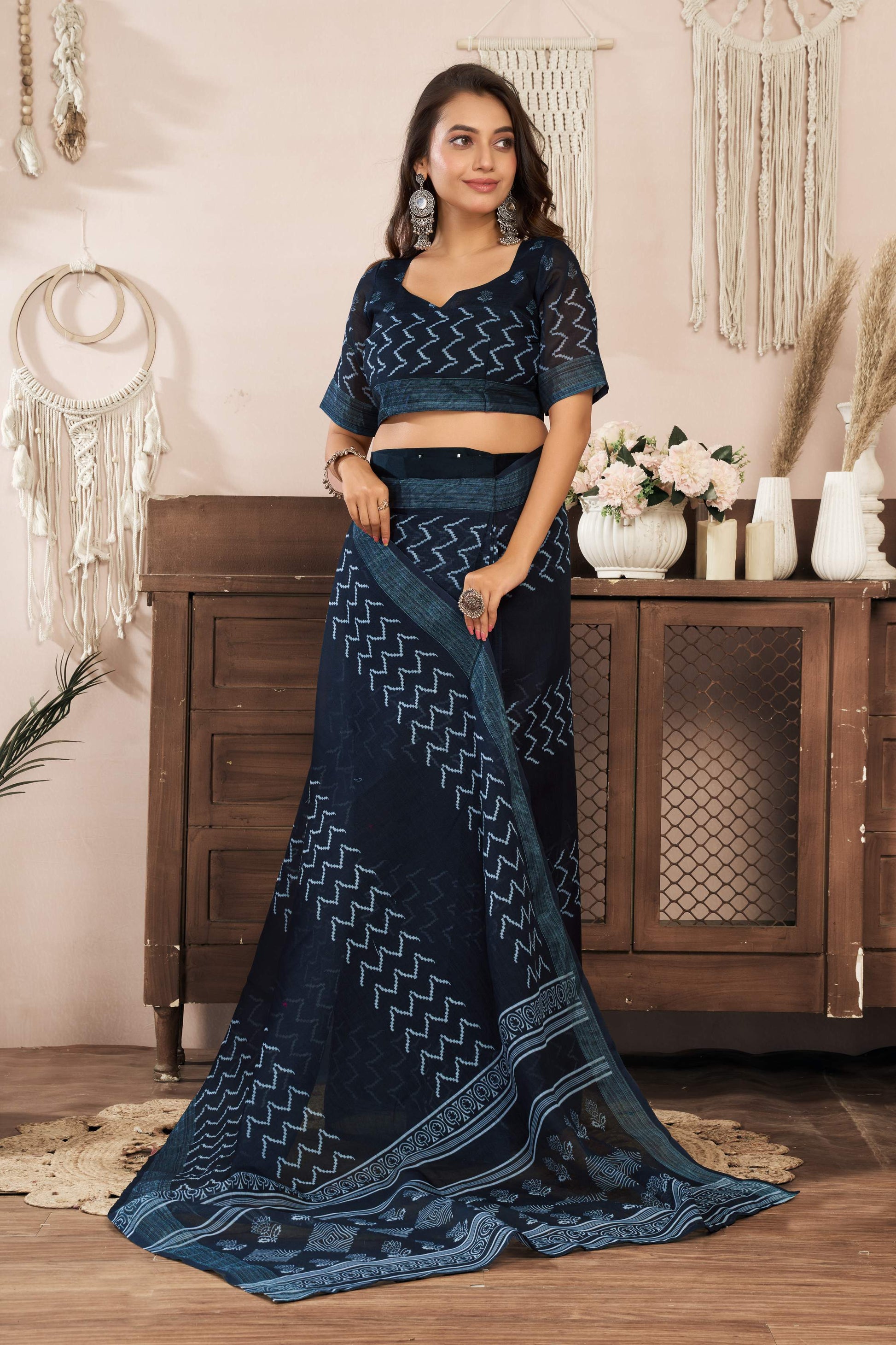 Dwija Fashion Black Party Wear Printed Linen Ready To Wear Saree With Unstitched Blouse