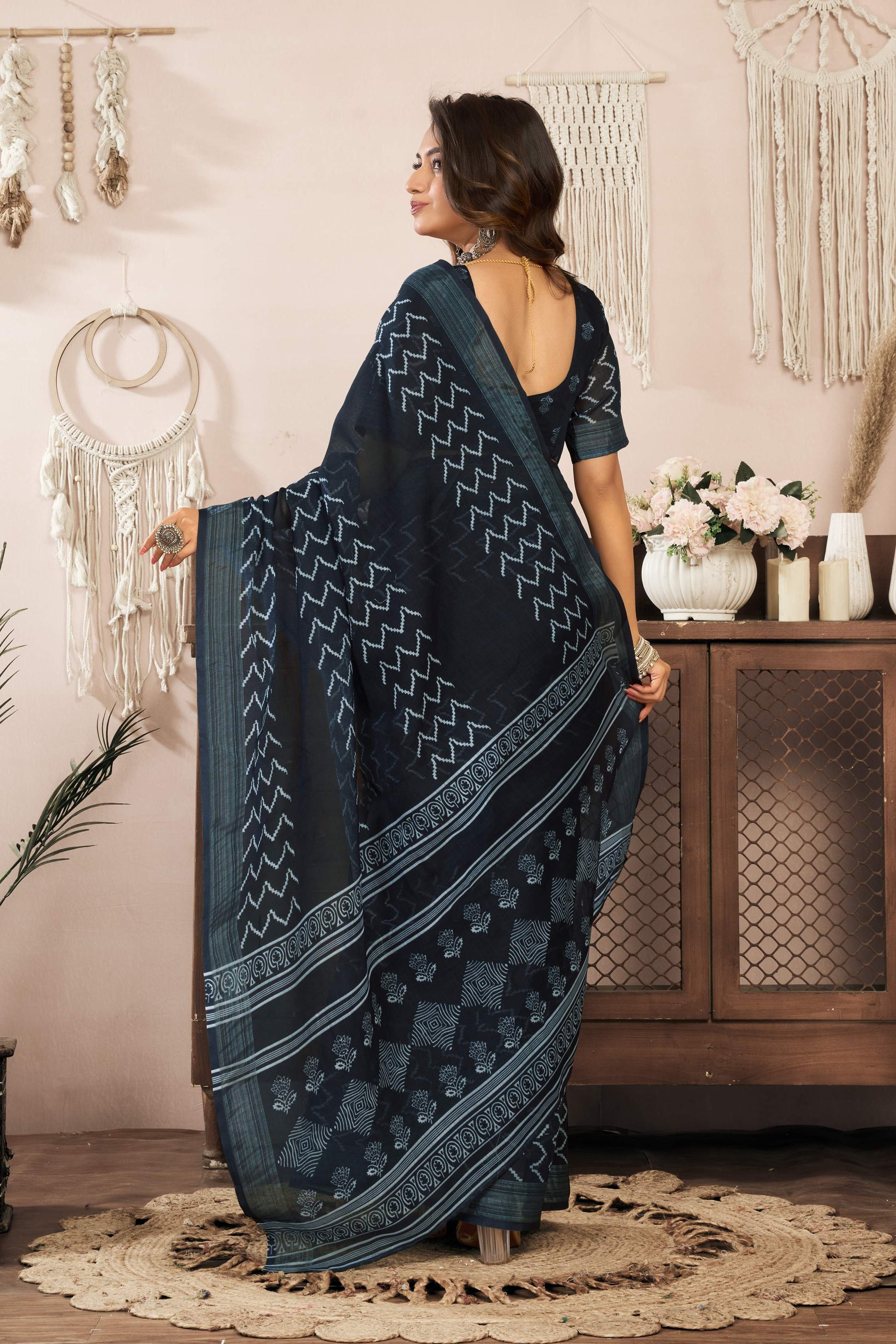 Dwija Fashion Black Party Wear Printed Linen Ready To Wear Saree With Unstitched Blouse