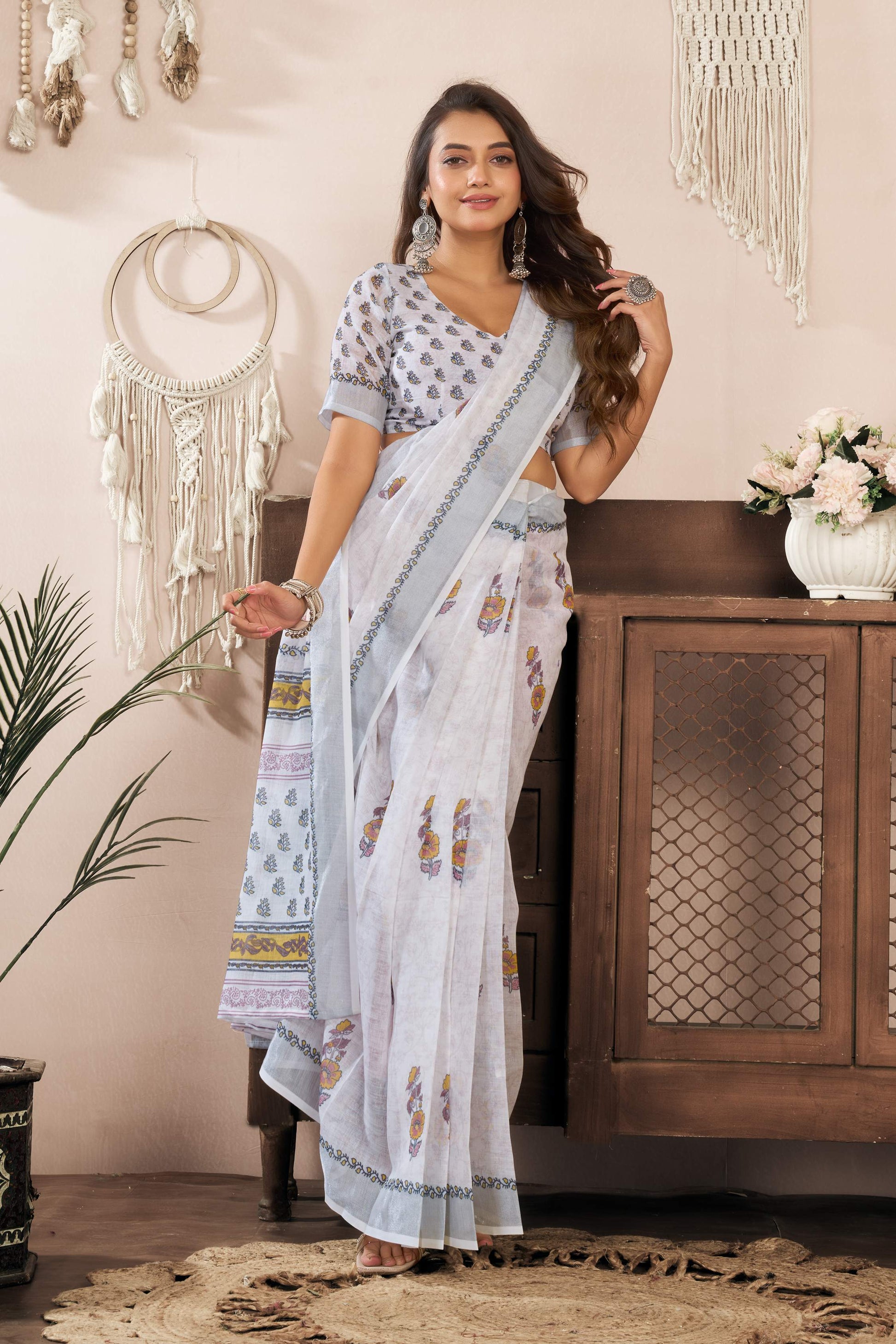 Dwija Fashion White Party Wear Printed Linen Ready To Wear Saree With Unstitched Blouse