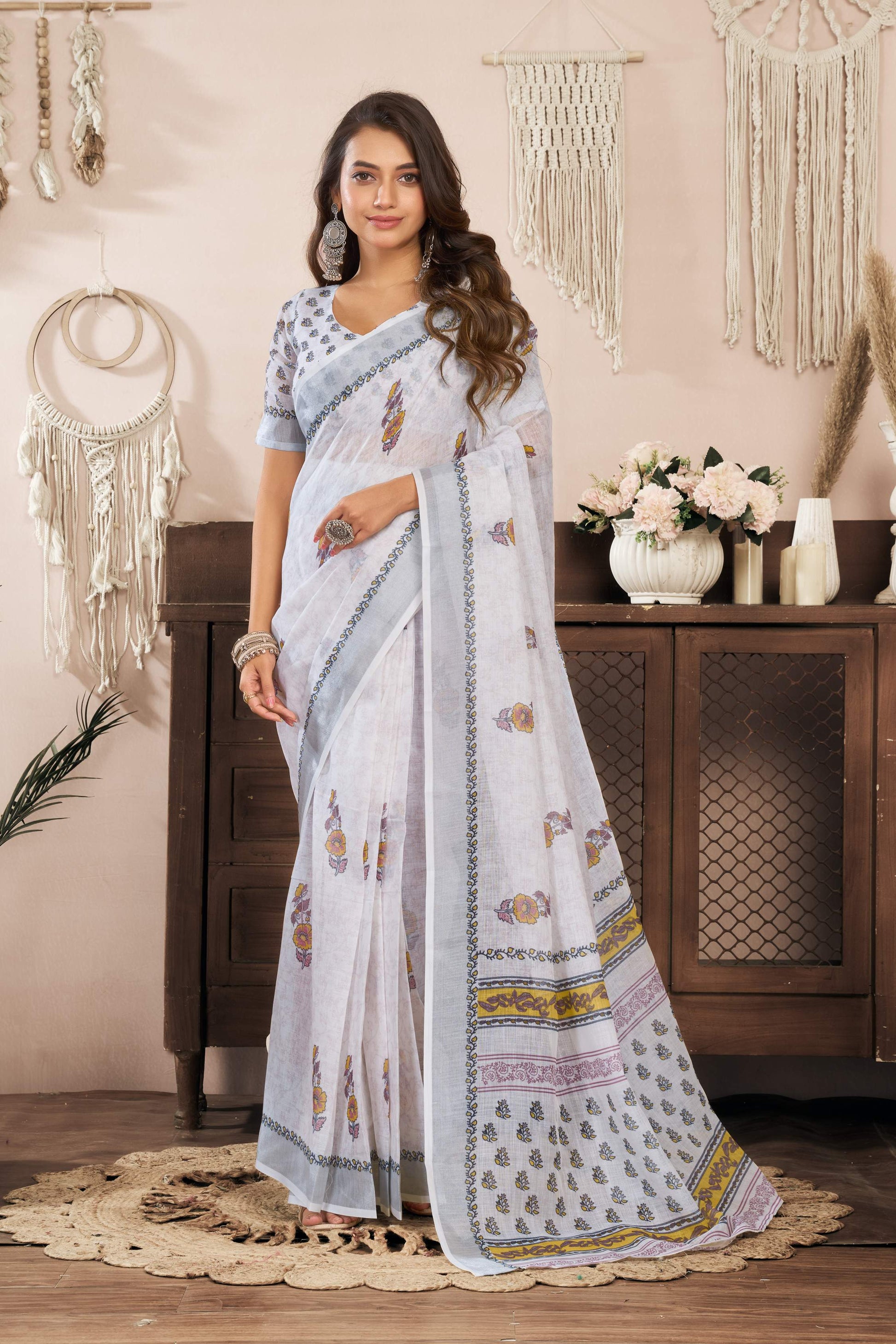 Dwija Fashion White Party Wear Printed Linen Ready To Wear Saree With Unstitched Blouse