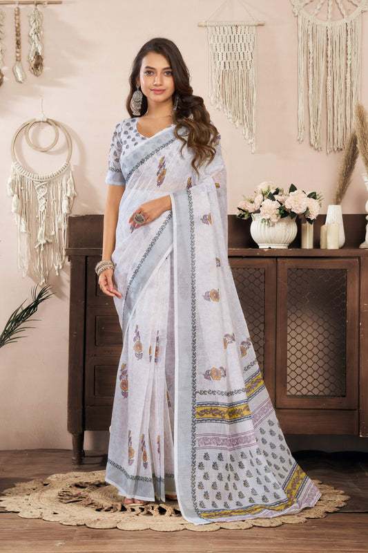 Dwija Fashion White Party Wear Printed Linen Ready To Wear Saree With Unstitched Blouse