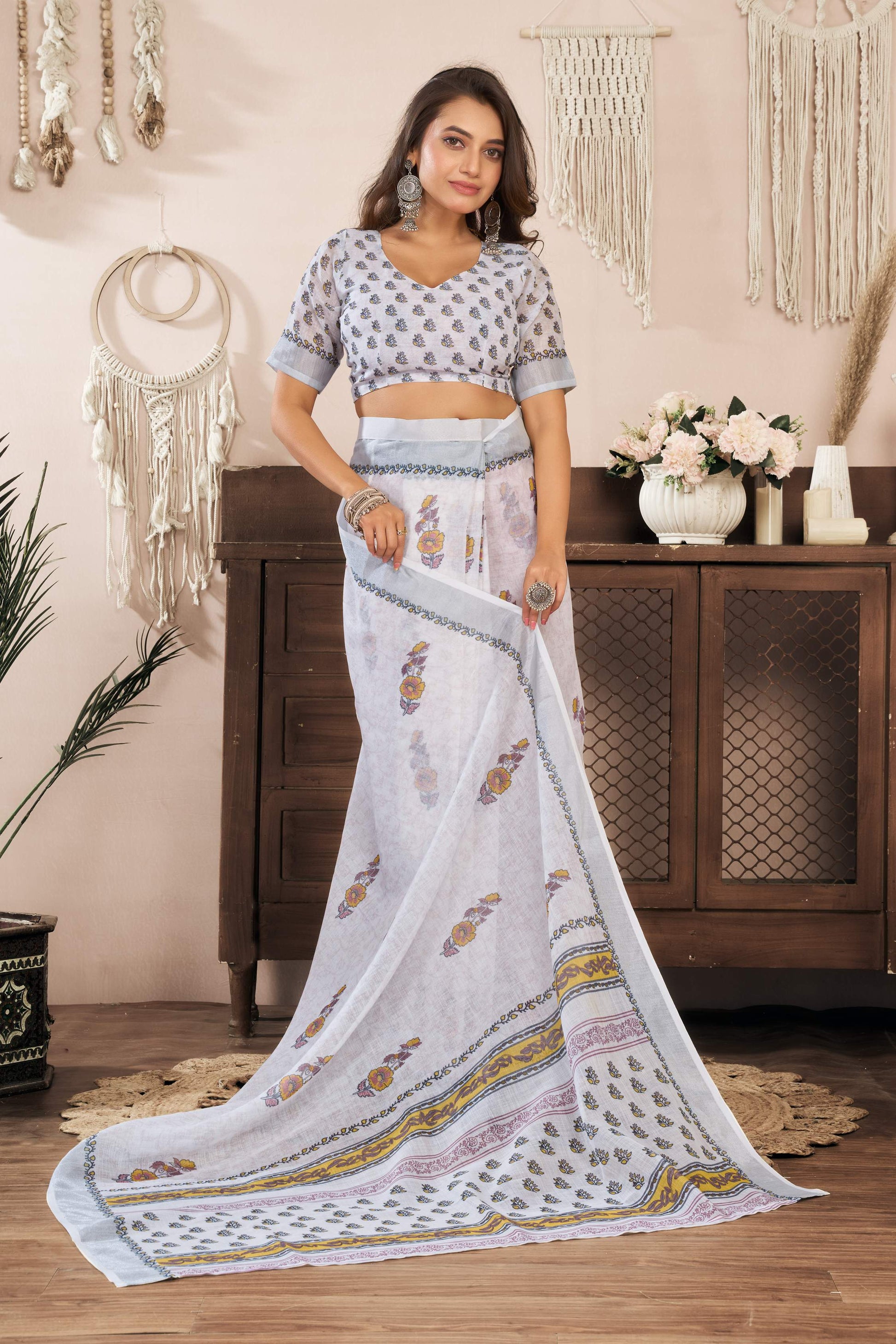 Dwija Fashion White Party Wear Printed Linen Ready To Wear Saree With Unstitched Blouse