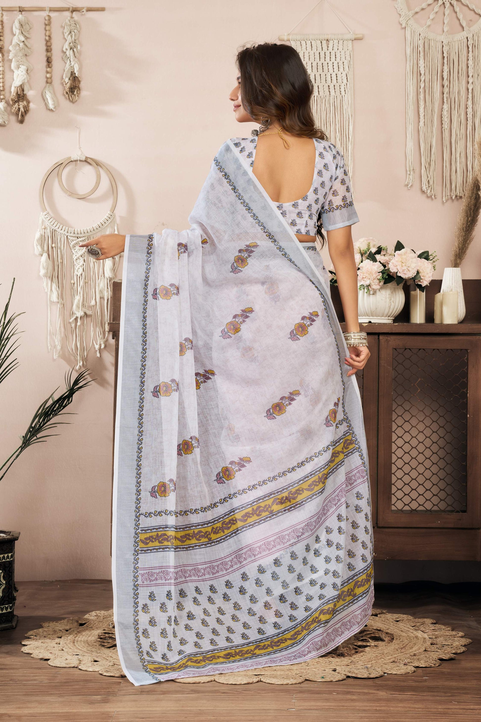 Dwija Fashion White Party Wear Printed Linen Ready To Wear Saree With Unstitched Blouse
