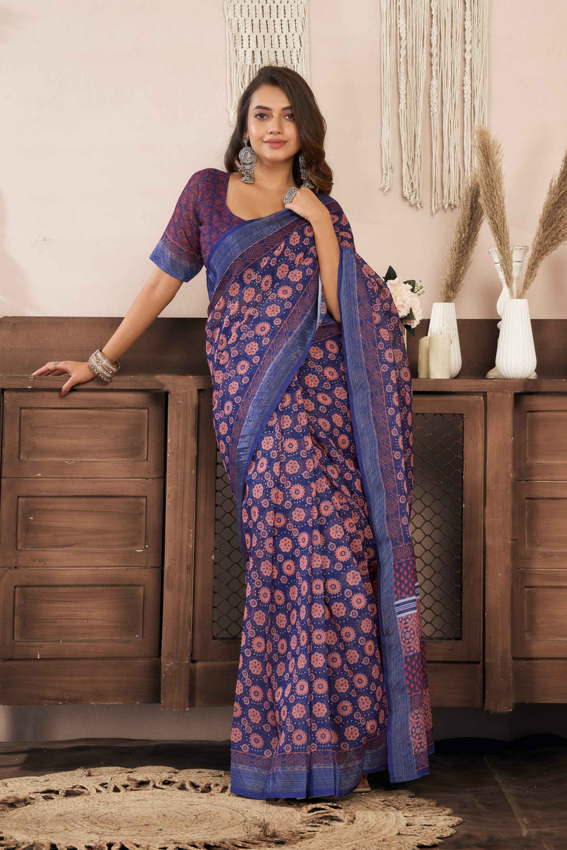 Dwija Fashion Blue Party Wear Printed Linen Ready To Wear Saree With Unstitched Blouse